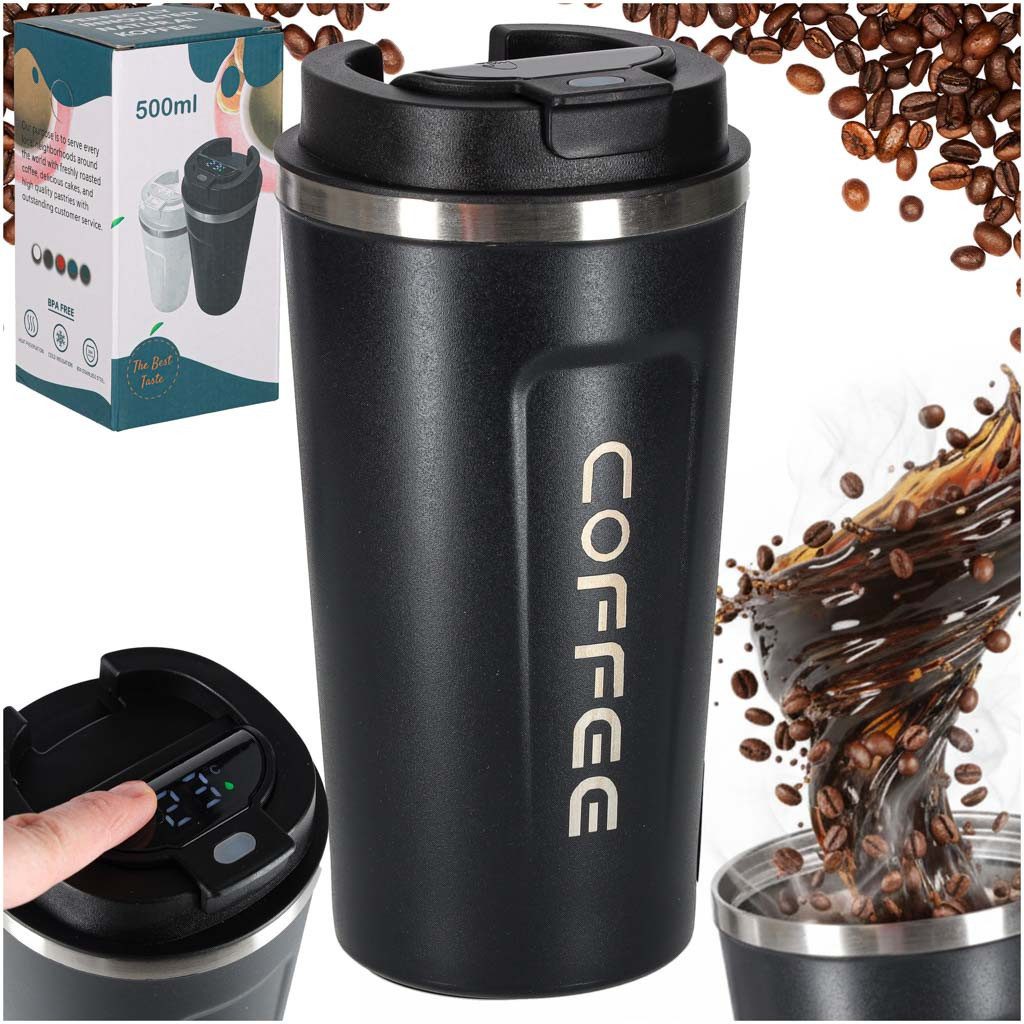 Ikonka Thermobecher Smart Thermobecher mit LED-Temperaturanzeige 500 ml – Schwarz / Weiß, LED-Temperaturanzeige im Deckel Doppelwandige Vakuumisolierung