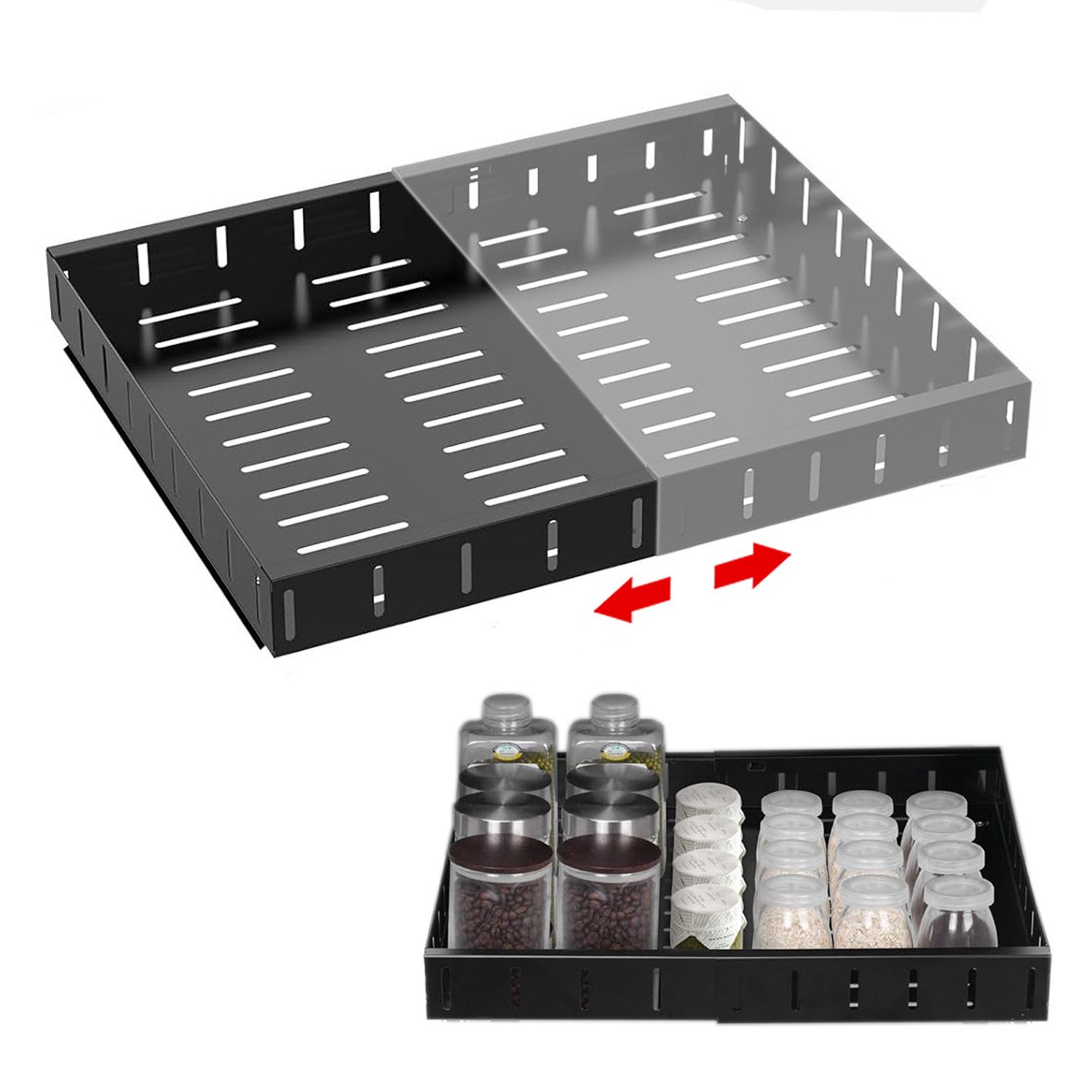 Rhein Beleuchtung Küchenorganizer-Set Breitenverstellbarer Küchenauszug (30-50 cm), (ausziehbarer schrank organizer, teleskopschublade), Hohles Design, erhöhte Leitplanke, kein Bohren erforderlich