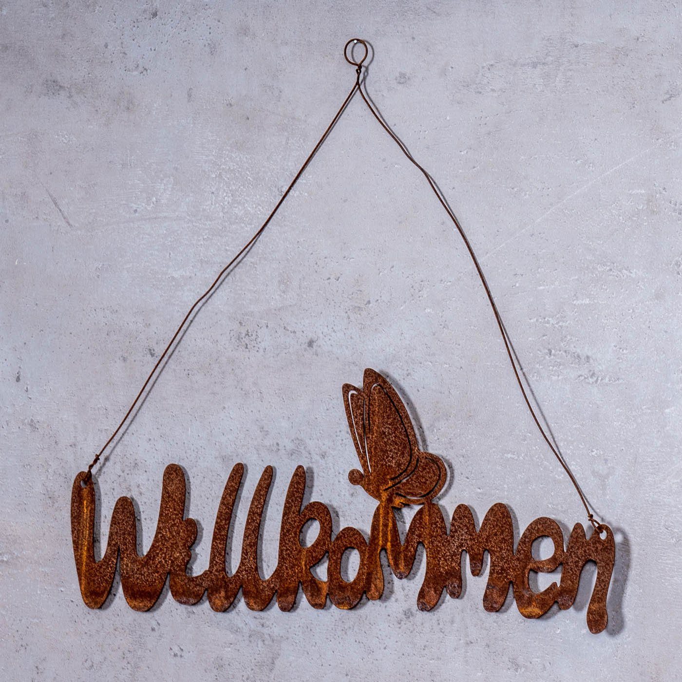 Levandeo® Deko-Schriftzug, Schild Willkommen 38x14cm Gartendeko Türschild Edelrost Schmetterling