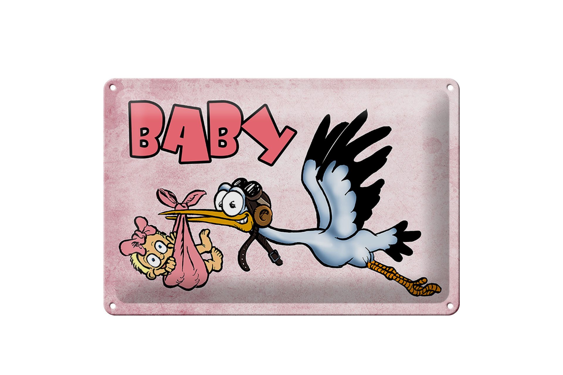 Femer GmbH Metallschild Baby 30x20cm Storch bringt Kind Wanddeko, (1 St), gewölbte Oberfläche, abgerundete Ecken, umgeschlagene Kanten