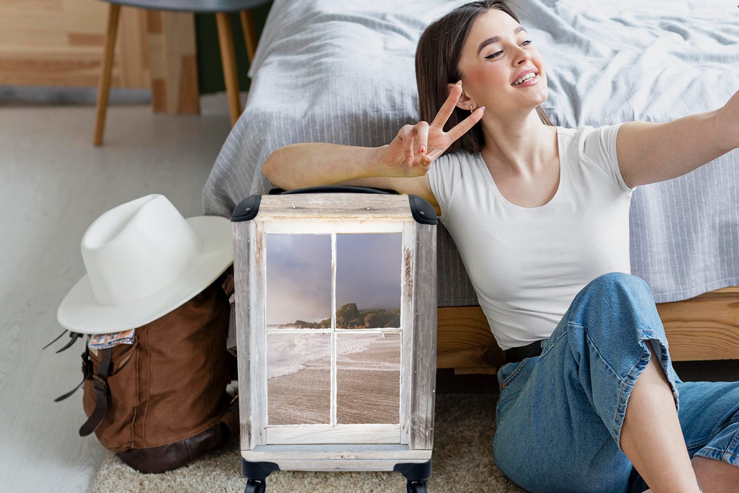 für Durchblick Strand, Ferien, Reisetasche Trolley, - Reisekoffer 4 MuchoWow Holz mit - Handgepäckkoffer Rollen, Handgepäck rollen,