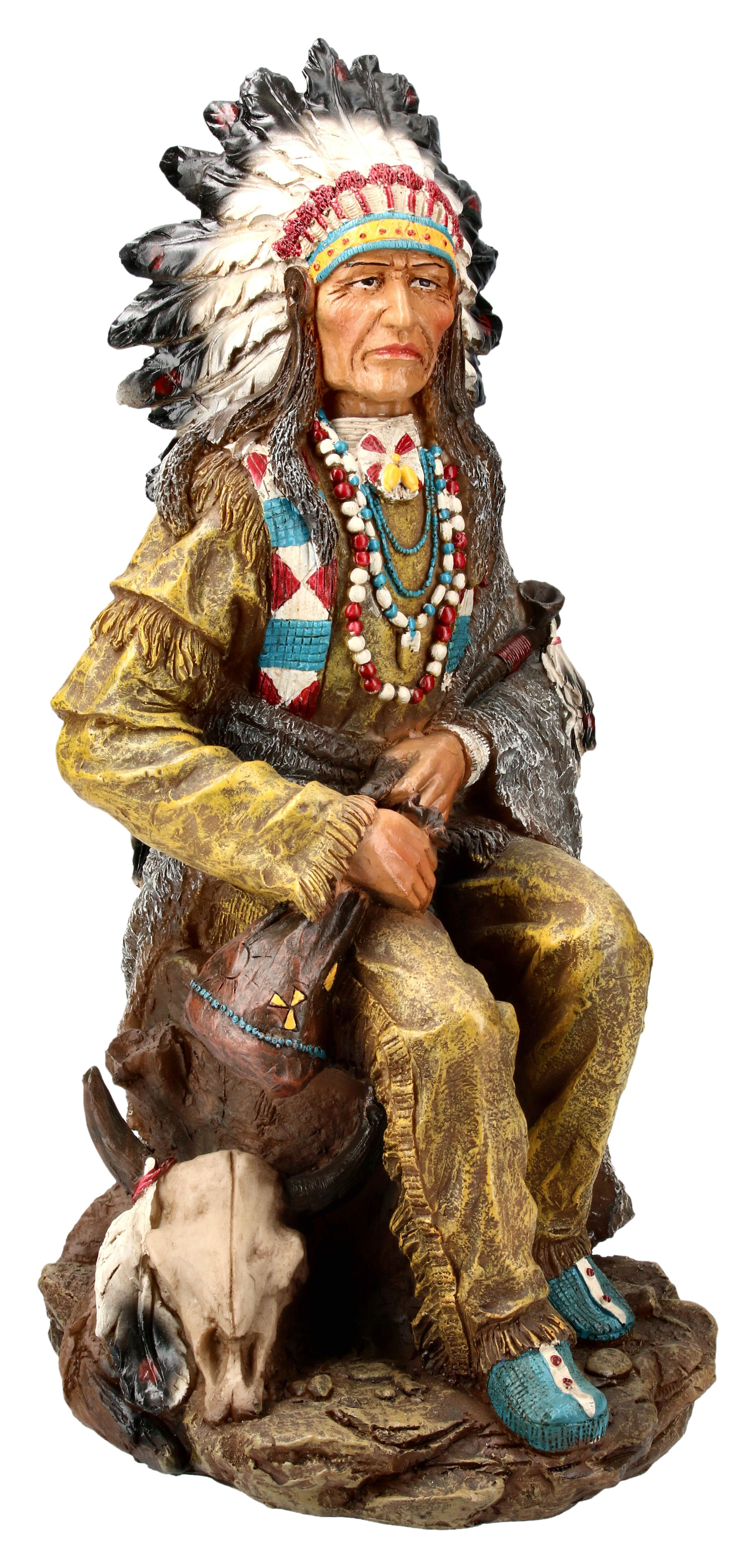 Dekofigur Ureinwohner Figur - Häuptling Friedenspfeife - Wilder Westen Amerika