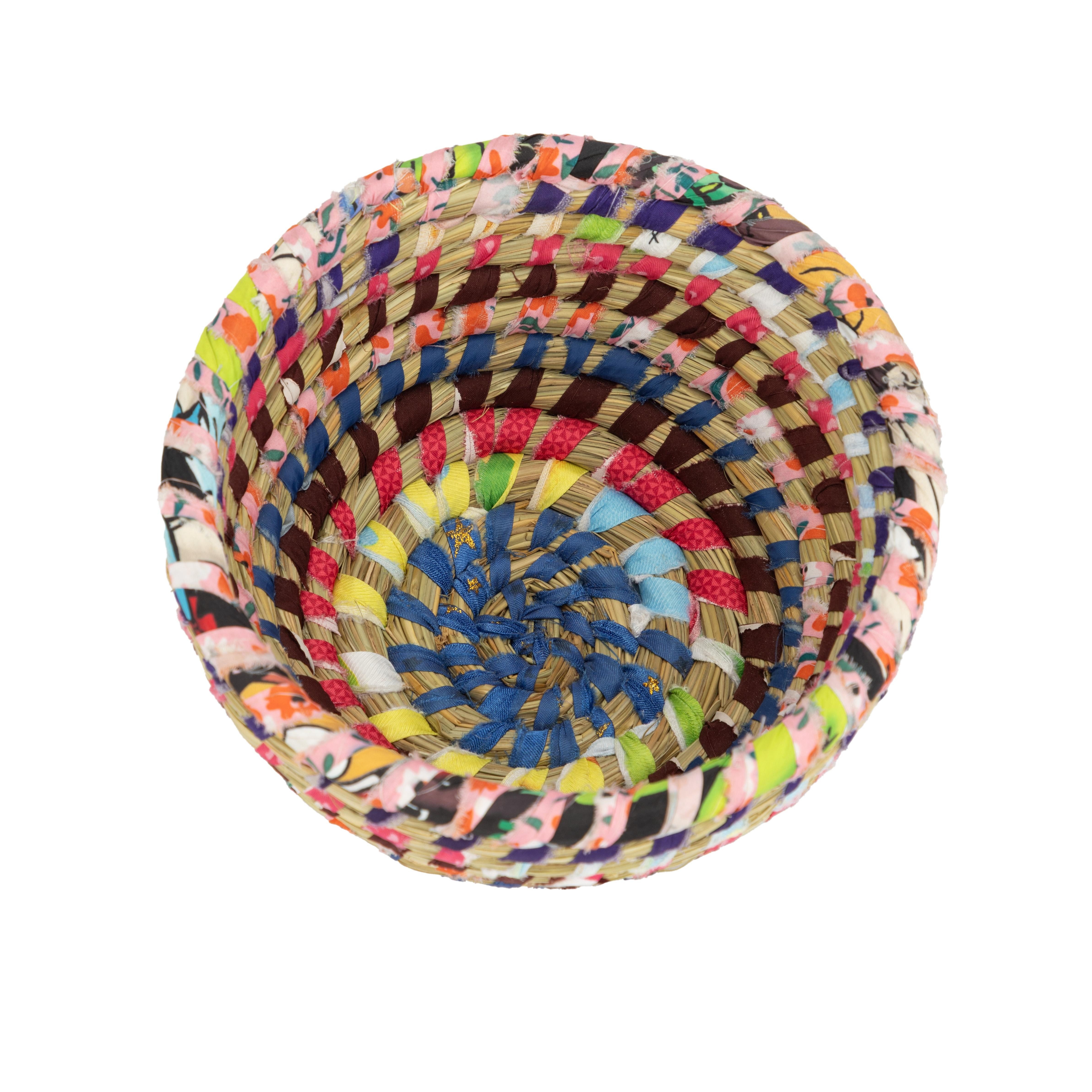 El Puente Schale "Pastell" Korbschale aus Kaisa-Gras und Sari-Stoff, Handmade, Gras / Blatt/Textil, Handmade