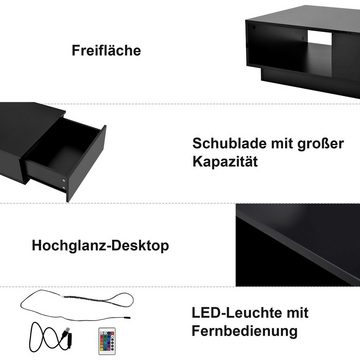 Ulife Couchtisch Schwarz Wohnzimmertisch Sofatisch Farbwechsel LED-Beleuchtung, Wohnzimmertisch mit großen Stauraum und Schublade