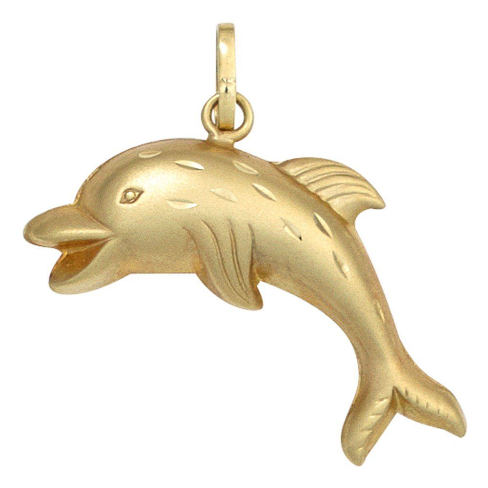 Schmuck Krone Kettenanhänger Anhänger Delfin Delphin Delphinchen aus 333 Gold Gelbgold teilmatt Goldanhänger, Gold 333