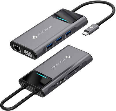 NOVOO »9 in 1« USB-Adapter USB-C zu HDMI 4K, TF/SD Card Reader, VGA, RJ45 Gigabit Ethernet, 3xUSB 3.0, USB-C