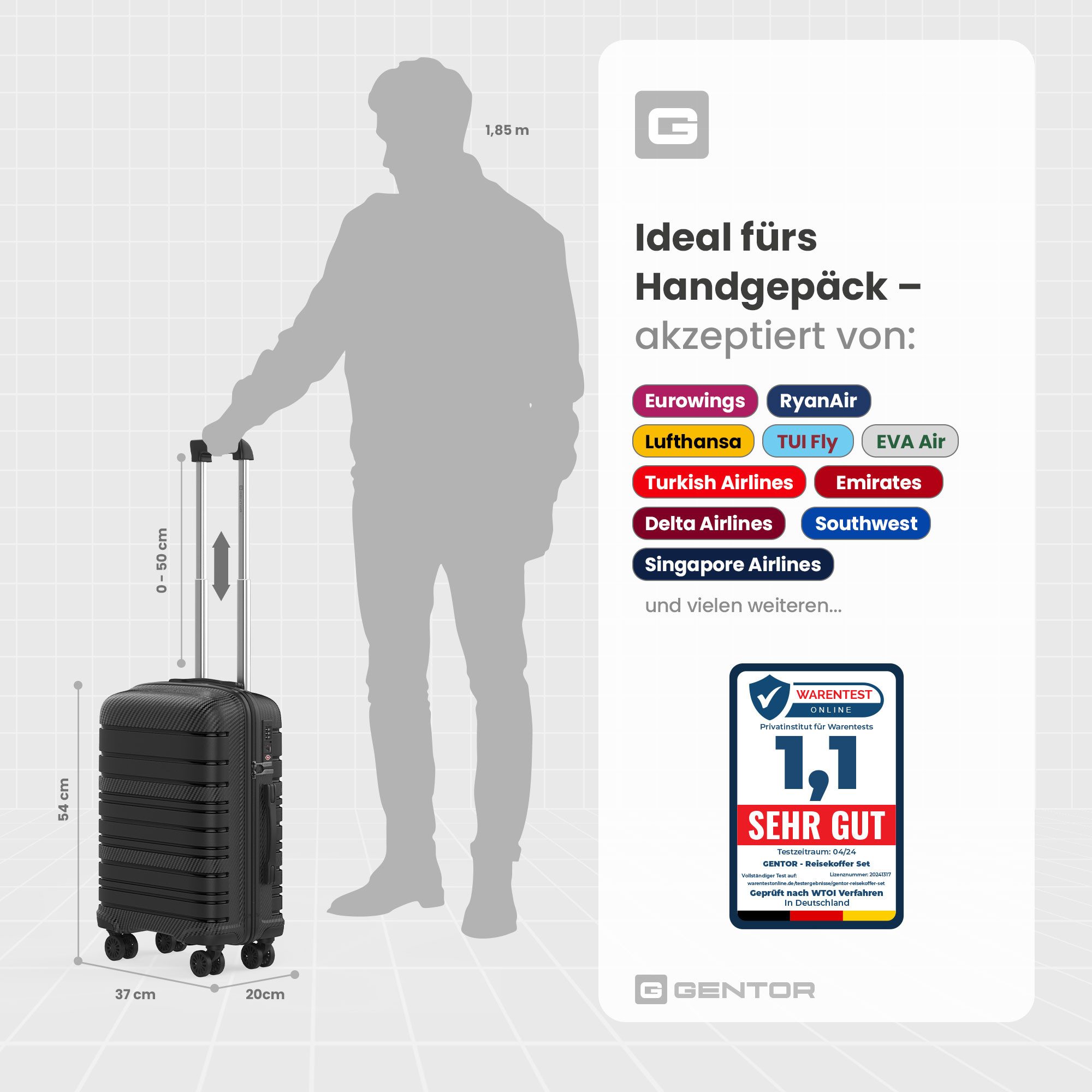 GENTOR Hartschalen-Trolley Koffer Reisekoffer Hartschalenkoffer Trolley Rollkoffer Handgepäck, 4 Rollen, PP Harteschalenkoffer & Reisekoffer