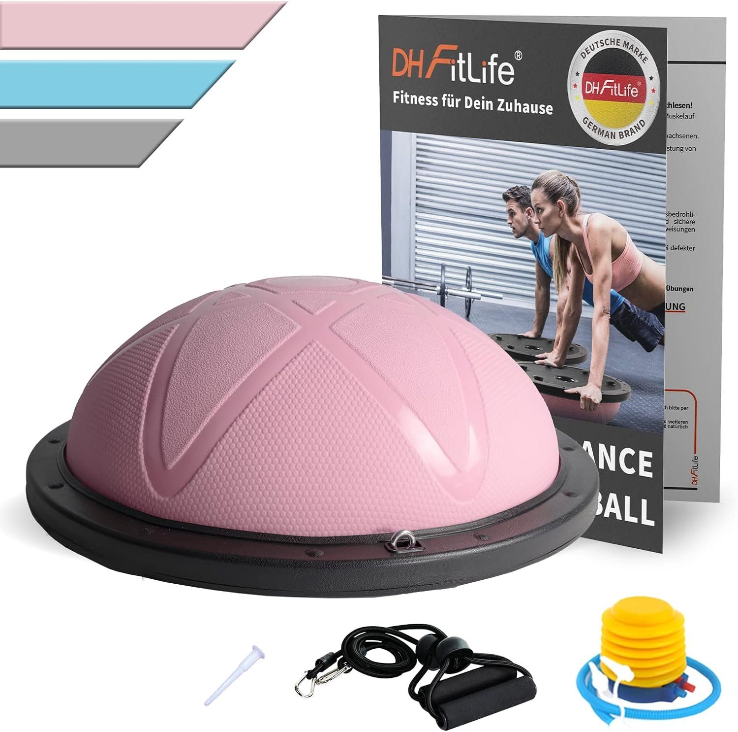 DH FitLife Balanceboard Balance Ball, Yoga Gleichgewichtstrainer, Φ60*22cm bis 200 KG, in Rosa, Grau & Blau mit Pumpe & 2 bändern