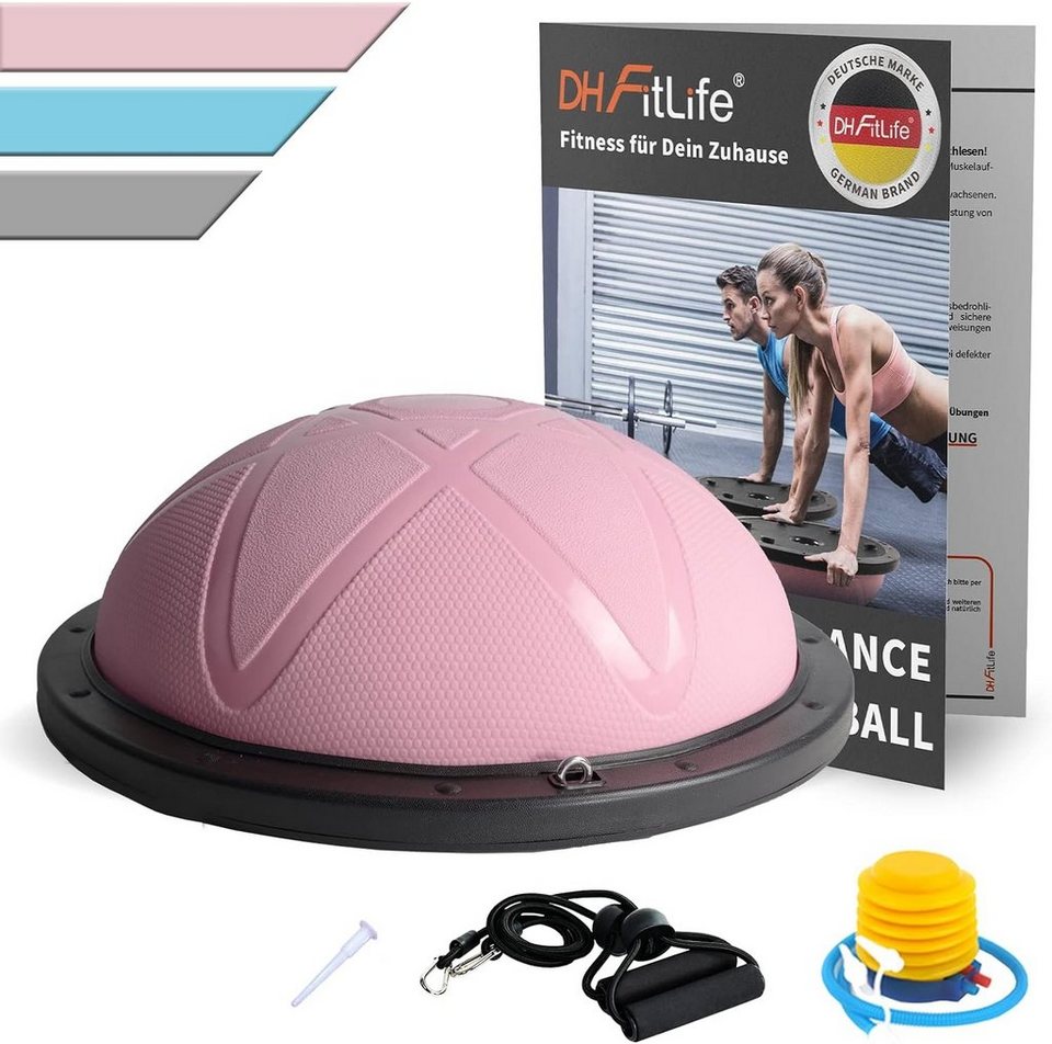 DH FitLife Balanceboard Balance Ball, Yoga Gleichgewichtstrainer, Φ60*22cm  bis 200 KG, in Rosa, Grau & Blau mit Pumpe & 2 bändern