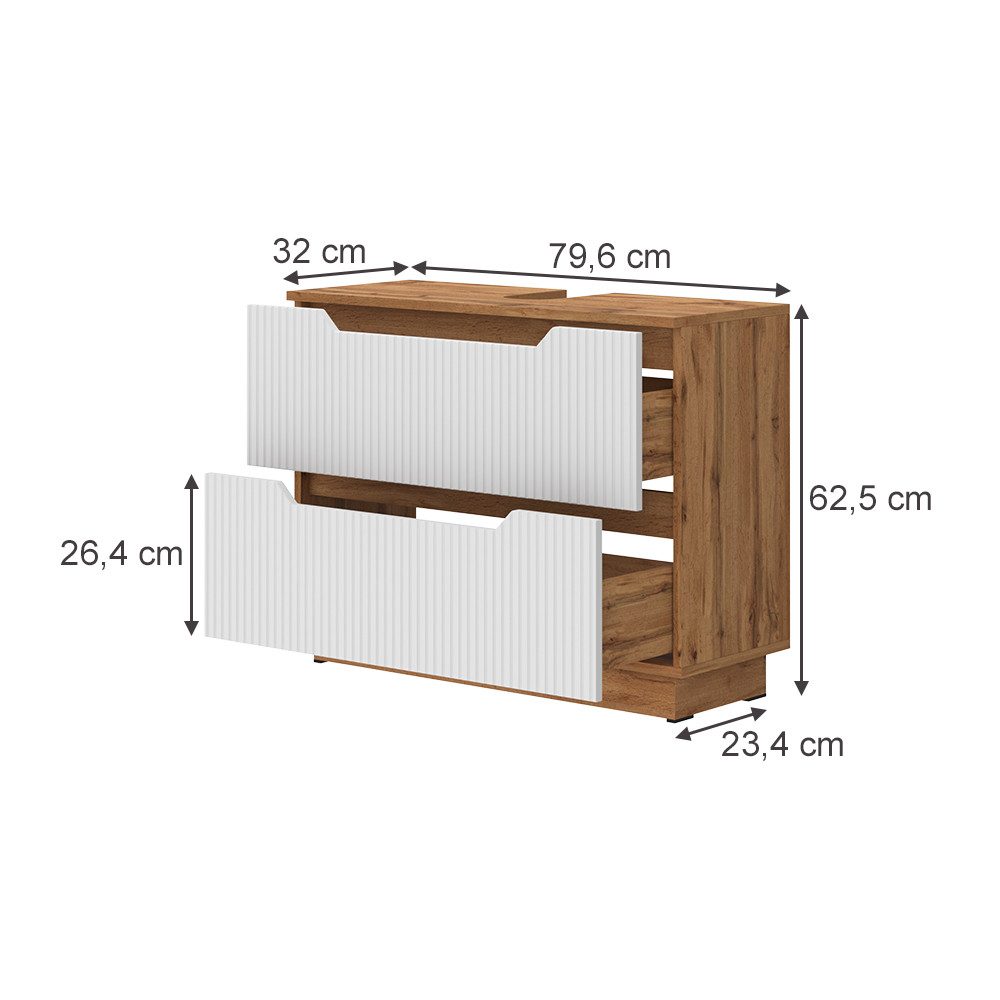 Vicco Waschbeckenunterschrank Lotta, Eiche/weiß gestreift, 79.6 x 62.5 cm mit 2 Schubladen (1-St) – Bild 2 von 5