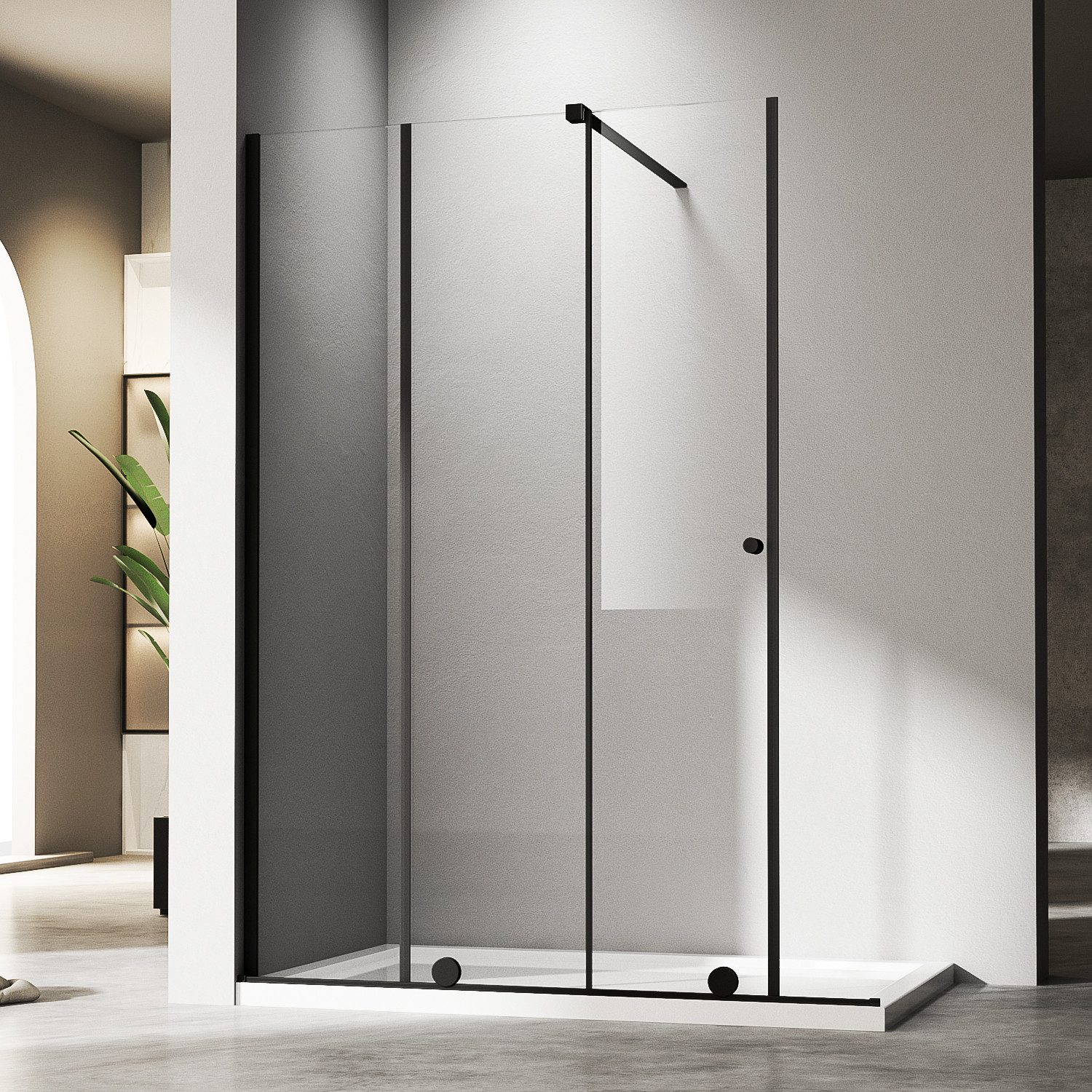 Hopibath Dusch-Einzelschiebetür Walk In Duschwand Schwarz Duschabtrennung Schiebetür mit Haltestangen, 90x185 cm, 6mm Sicherheitsglas, (Glaswand Duschtrennwand, (90-140) x 185cm) Rechts-und Links montierbar