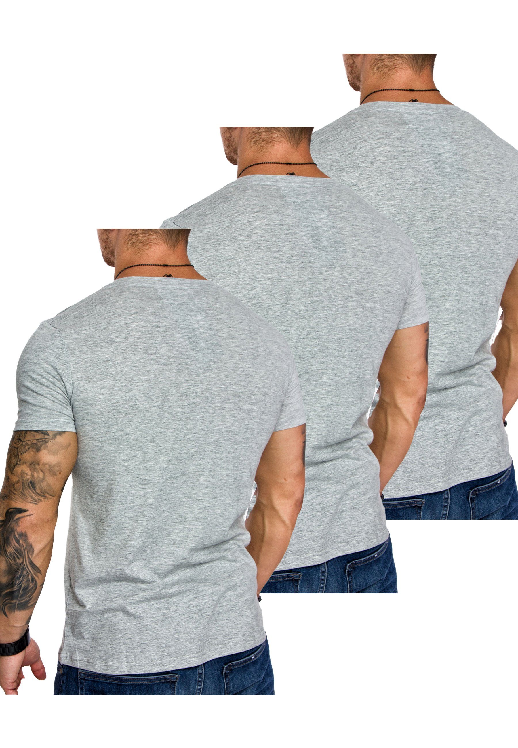 T-Shirt T-Shirts (3er-Pack) EUGENE (3x Herren Herren T-Shirt V-Ausschnitt Basic 3. Oversize mit Amaci&Sons 3er-Pack Grau)