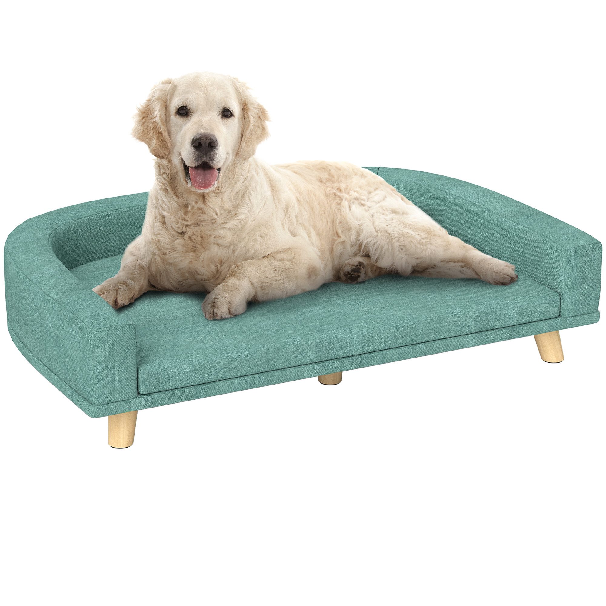 PawHut Tierbett Hundesofa, Haustiersofa Katzensofa mit Kissen, Polyester, Hundesessel mit Holzbeine, Grün, 98 x 67 x 25 cm