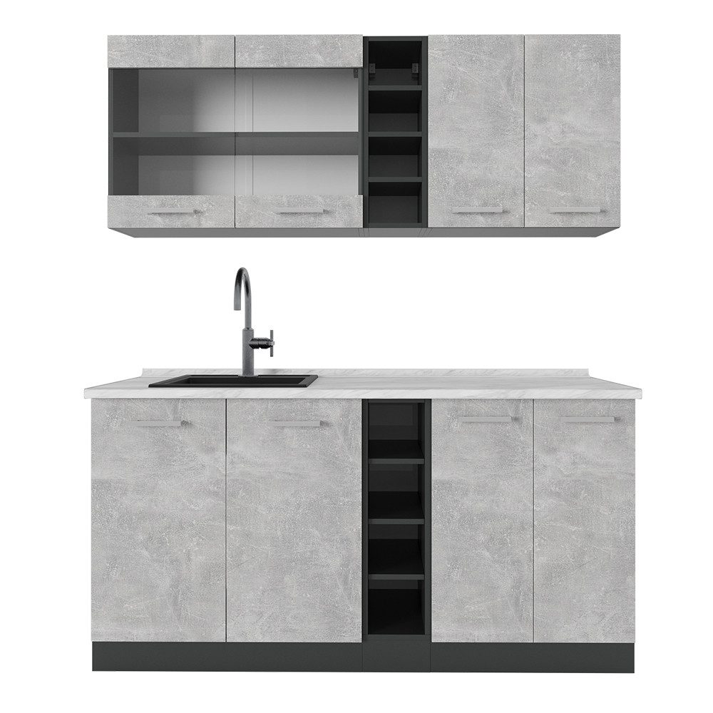 Vicco Küchenzeile R-Line, Beton/Anthrazit, 160 cm, AP Marmor