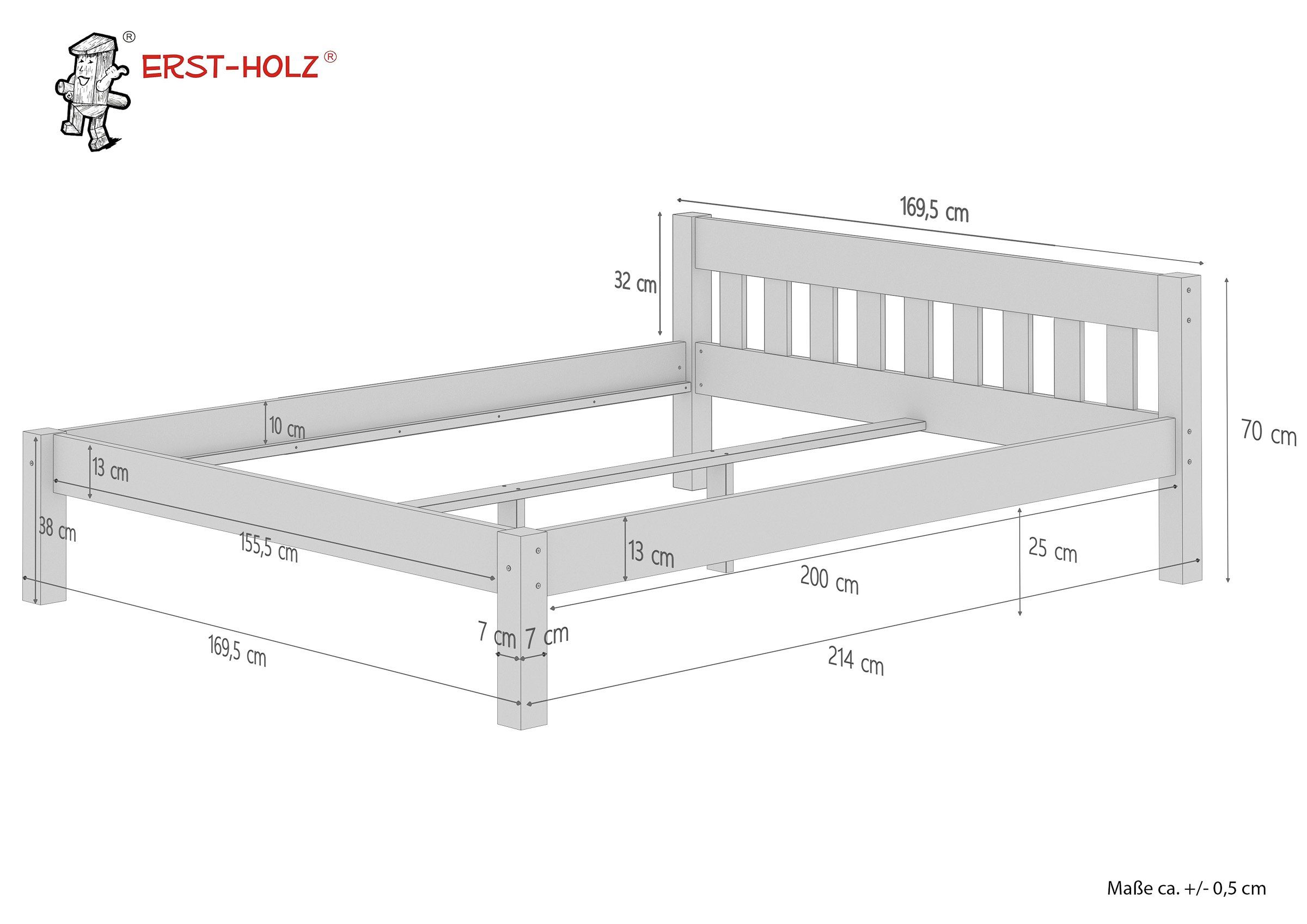 ERST-HOLZ Bett Echtholz mit Rost, lackiert Sprossen Doppelbett mit Kieferfarblos 160x200