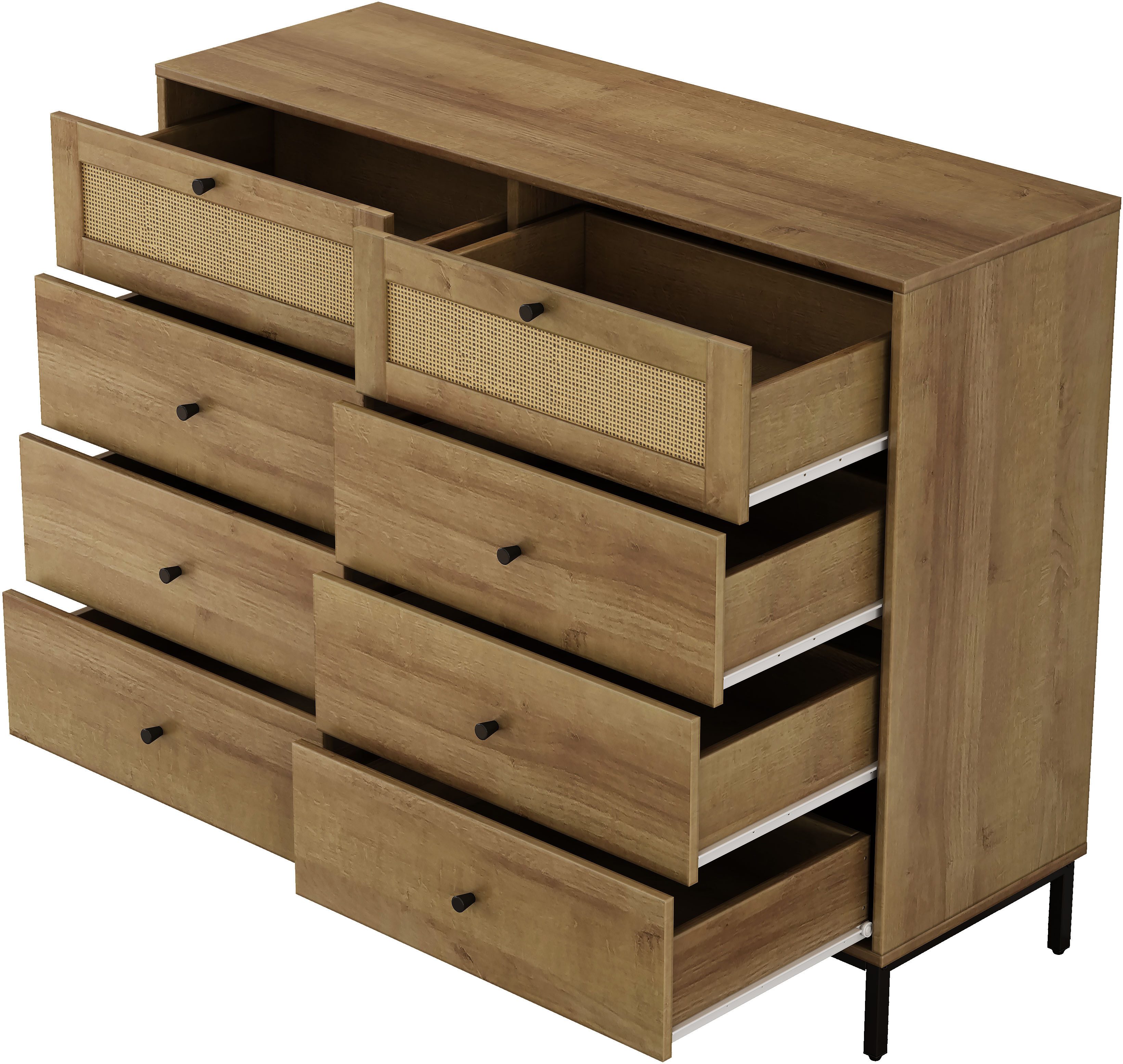 OTTO home Kombikommode Motala Wäsche Schrank mit 8 Schubladen Sideboard BOHO Design (Eichen-Design mit schwarzen Griffen und Geflecht Schubladen), Kommode Schra – Bild 5 von 5