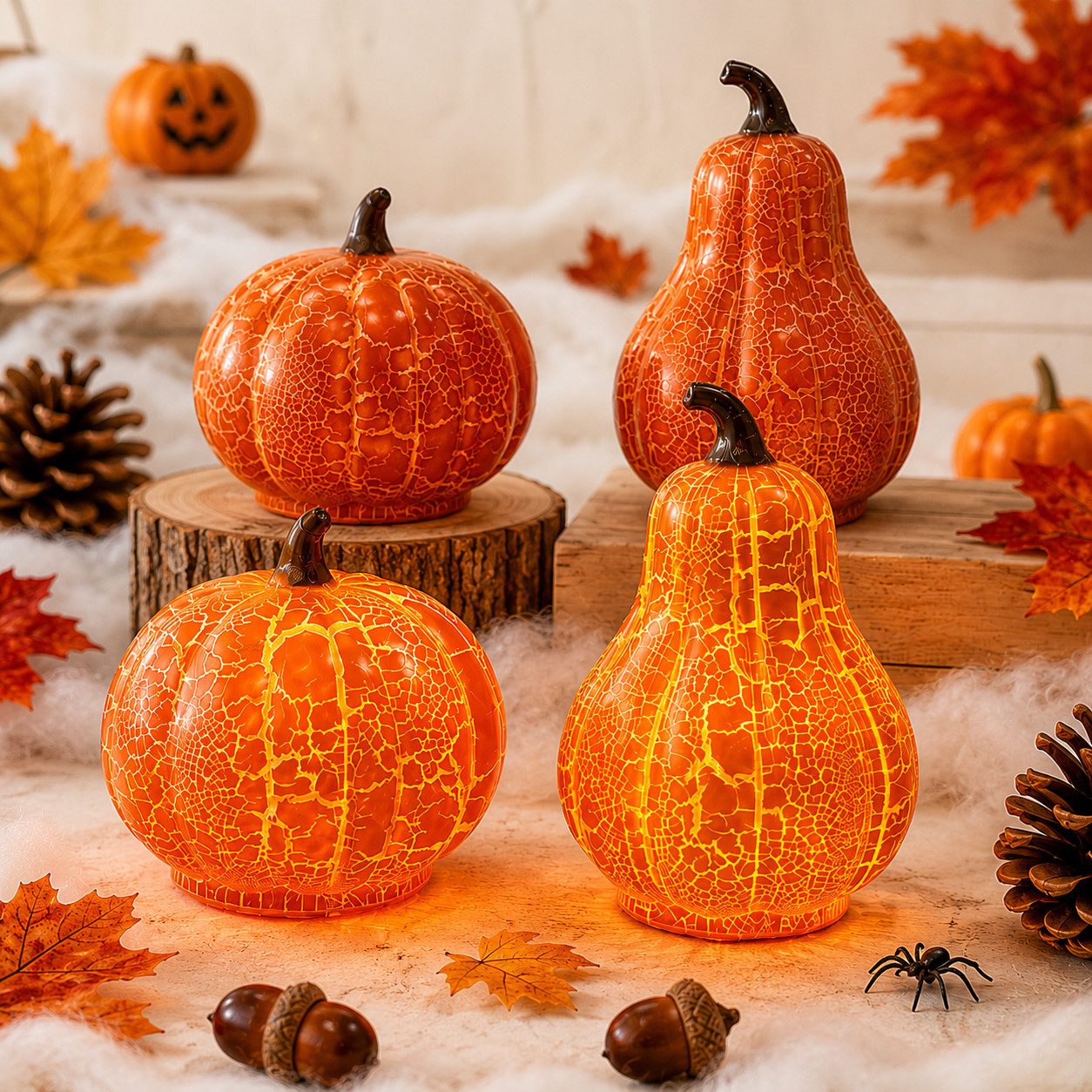 nsihing Dekofigur Halloween Kürbis LED Deko 4er Set, Vintage Crackle Tischleuchte (4 St), Für Halloween, Herbst, Thanksgiving & Wohnraum Deko