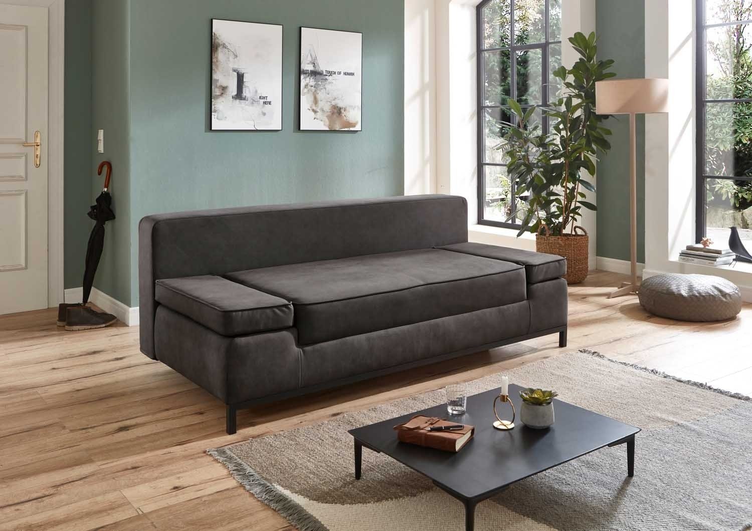 Sofa JARNY, Stoffbezug, Anthrazit, Schlaffunktion, mit Bettkasten und Kissen