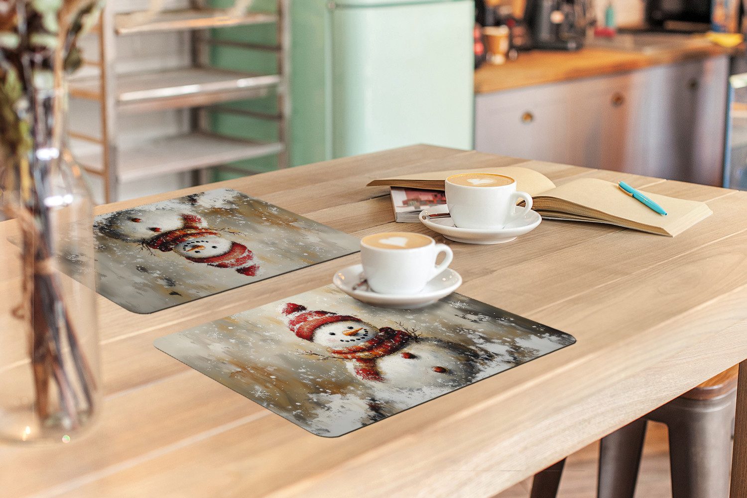 MuchoWow Platzset Schneemann - Winter - Schnee - Beige, (6-St), Platzsets, Tischset, Abwaschbar, Tischsets, Platzdeckchen