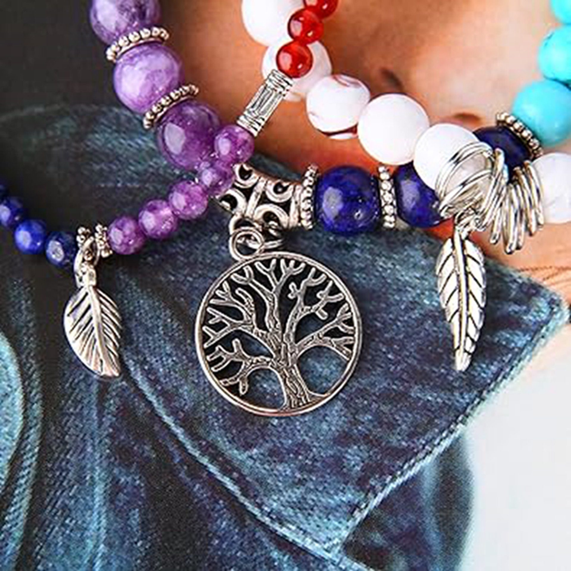WaKuKa Armband Baum des Stil3 Onyx-Edelstein-Chakra-Perlen-Armband-Set Lebens
