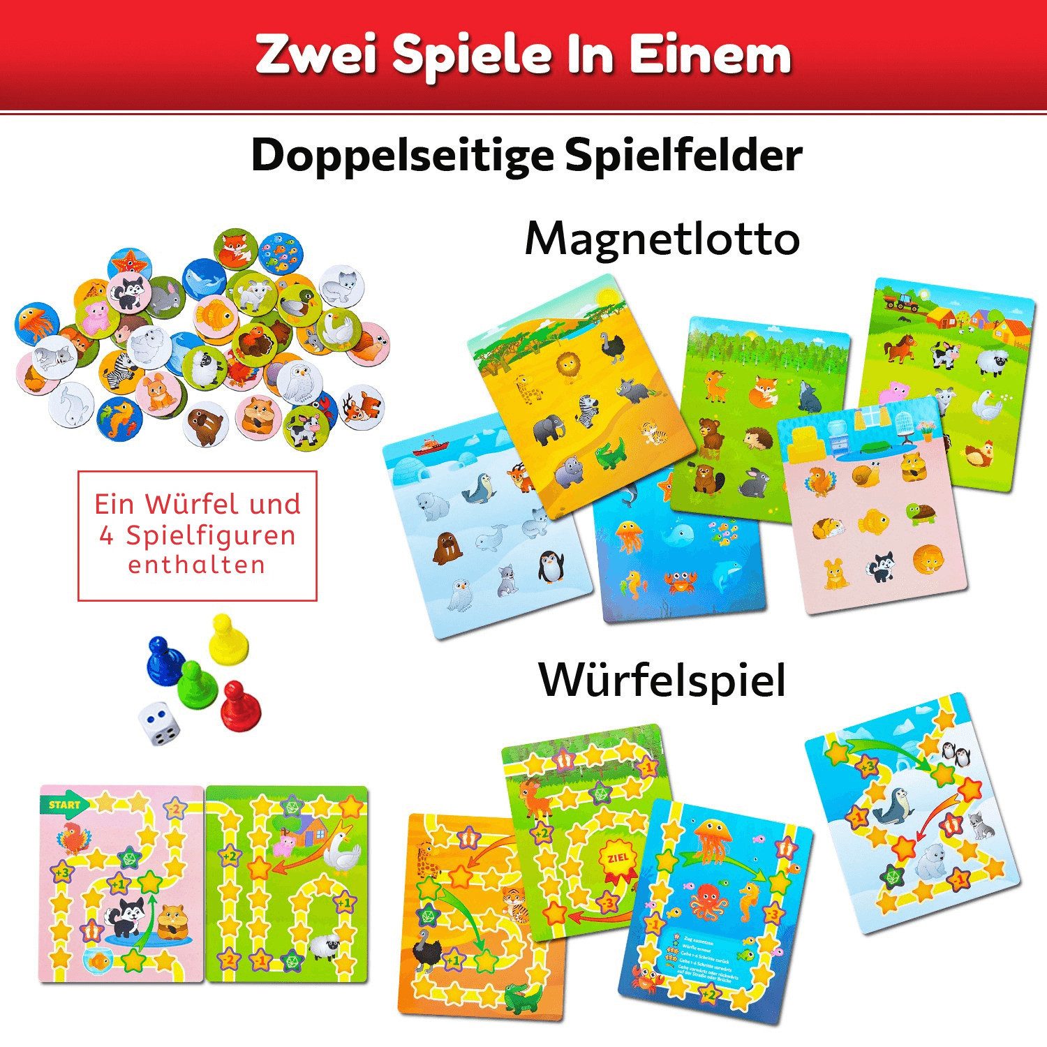 MAGNIKON Spiel Bingo für Kinder 2 Spiele in Einem, Kinderspiel, Doppelseitige Spieltafel