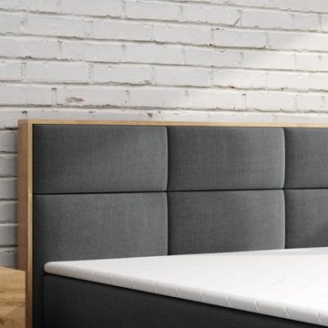 Möbel Punkt Boxspringbett Lissabon Grau Schwarz (180 x 200 cm, Eiche Nachbildung), Eiche Holz Nachbildung, inkl. Bettkasten, inkl. Topper