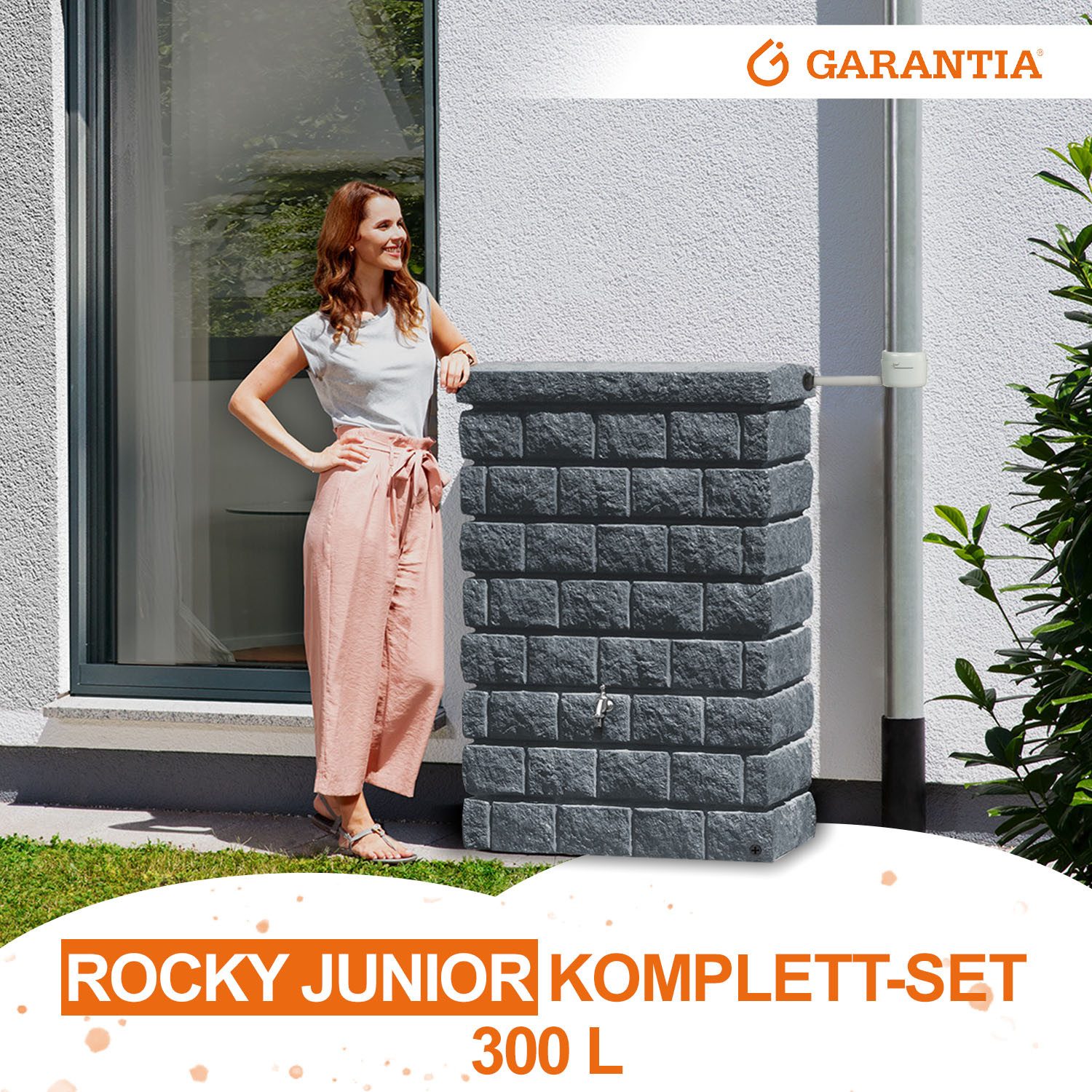 GARANTIA Regentonne ROCKY Junior Wandtank Komplett-Set 300 L, dark granite