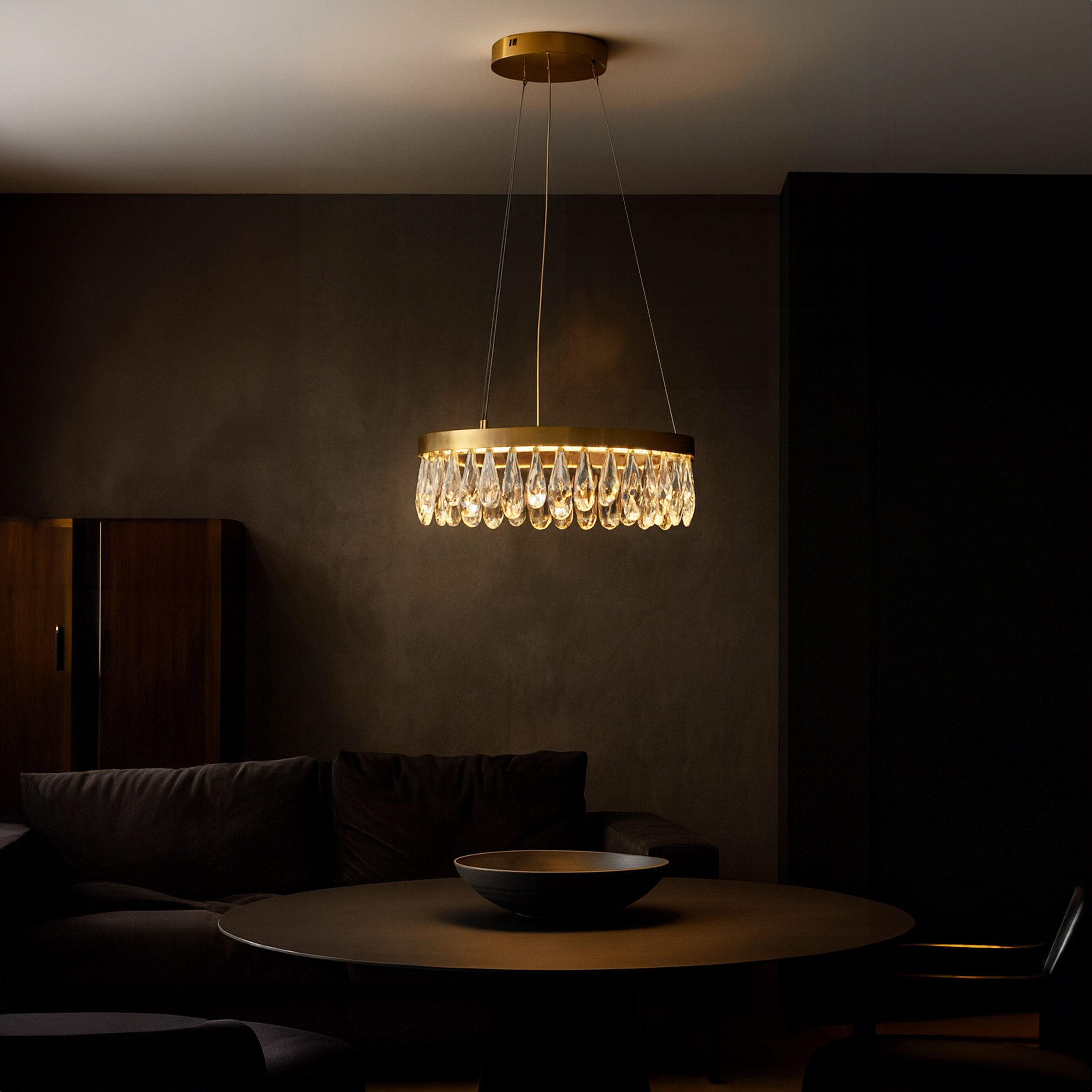 Lightbox Pendelleuchte, LED fest integriert, Warmweiß, LED Hängelampe mit Kristallen - Ø 40 cm - messingfarbend
