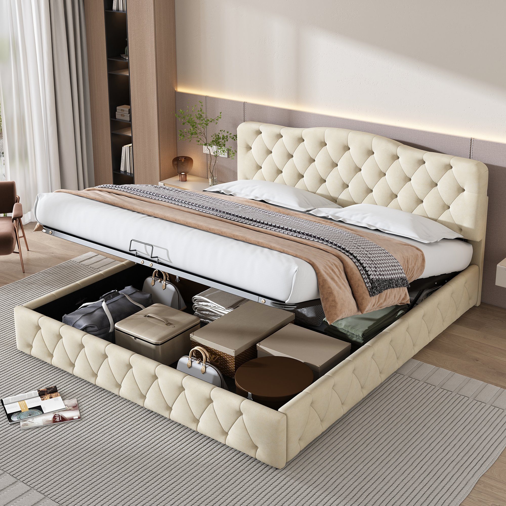REDOM Polsterbett Doppelbett Bett hydraulisches Funktionsbett (mit Lattenrost und höhenverstellbares Kopfteil, 180x200 cm), Einfache Montage, Samt, beige