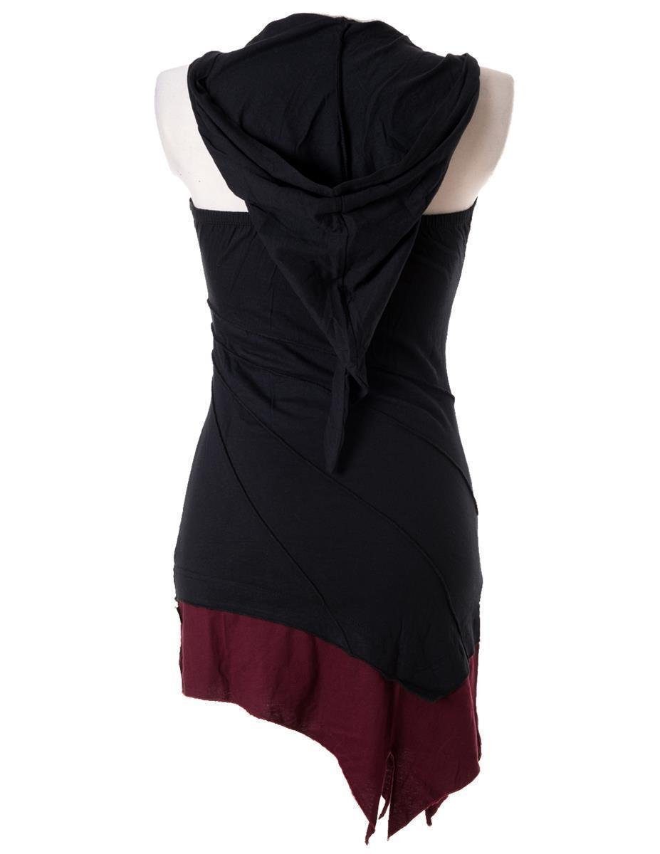 Boho Kleid Mini Neckholder zweifarbig Elfen Vishes Hippie, schwarz-rot Neckholderkleid Zipfelkleid Goa, Style