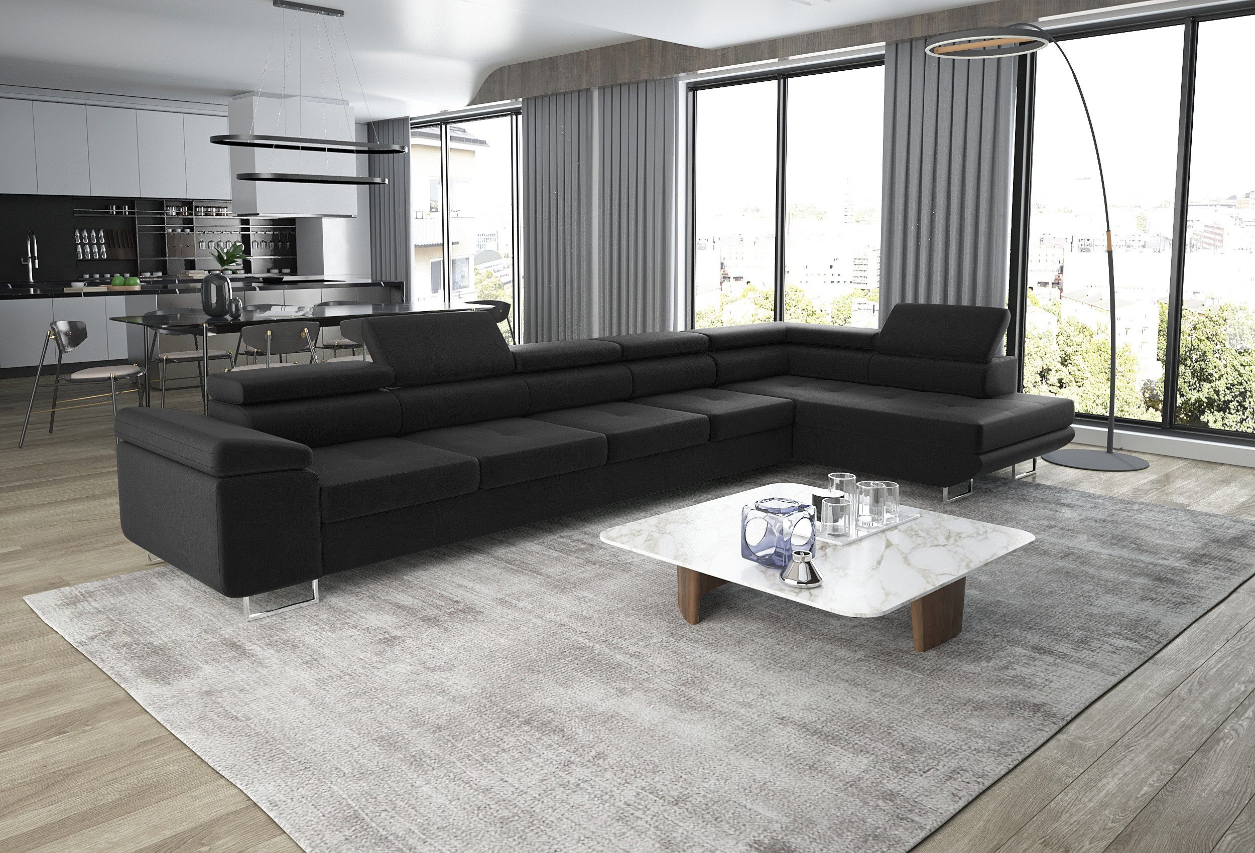thematys Ecksofa ASTON MAXI 405 x 203cm mit Schlaffunktion & Bettkasten –, L-Sofa mit 5 verstellbaren Kopfstützen, Samt (Monolith), Cord (Poso) - L-Form, XL-Wohnlandschaft, 405 cm breit