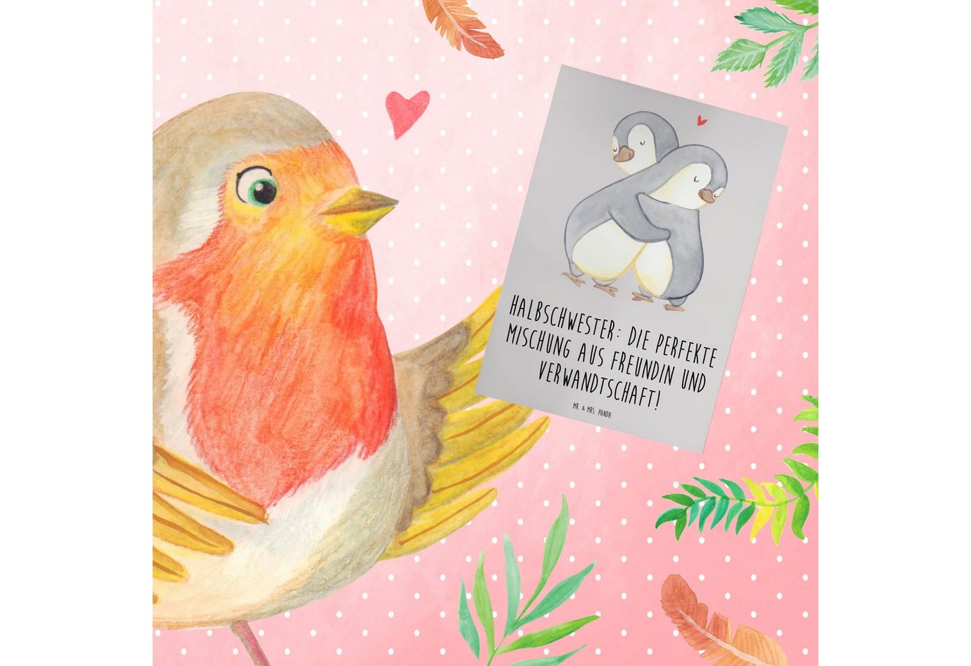 Thumbnail - Mr. & Mrs. Panda Grußkarte Halbschwester Glück - Grau Pastell - Geschenk, Schwesterlichkeit, Lie, Herzberührende Sprüche