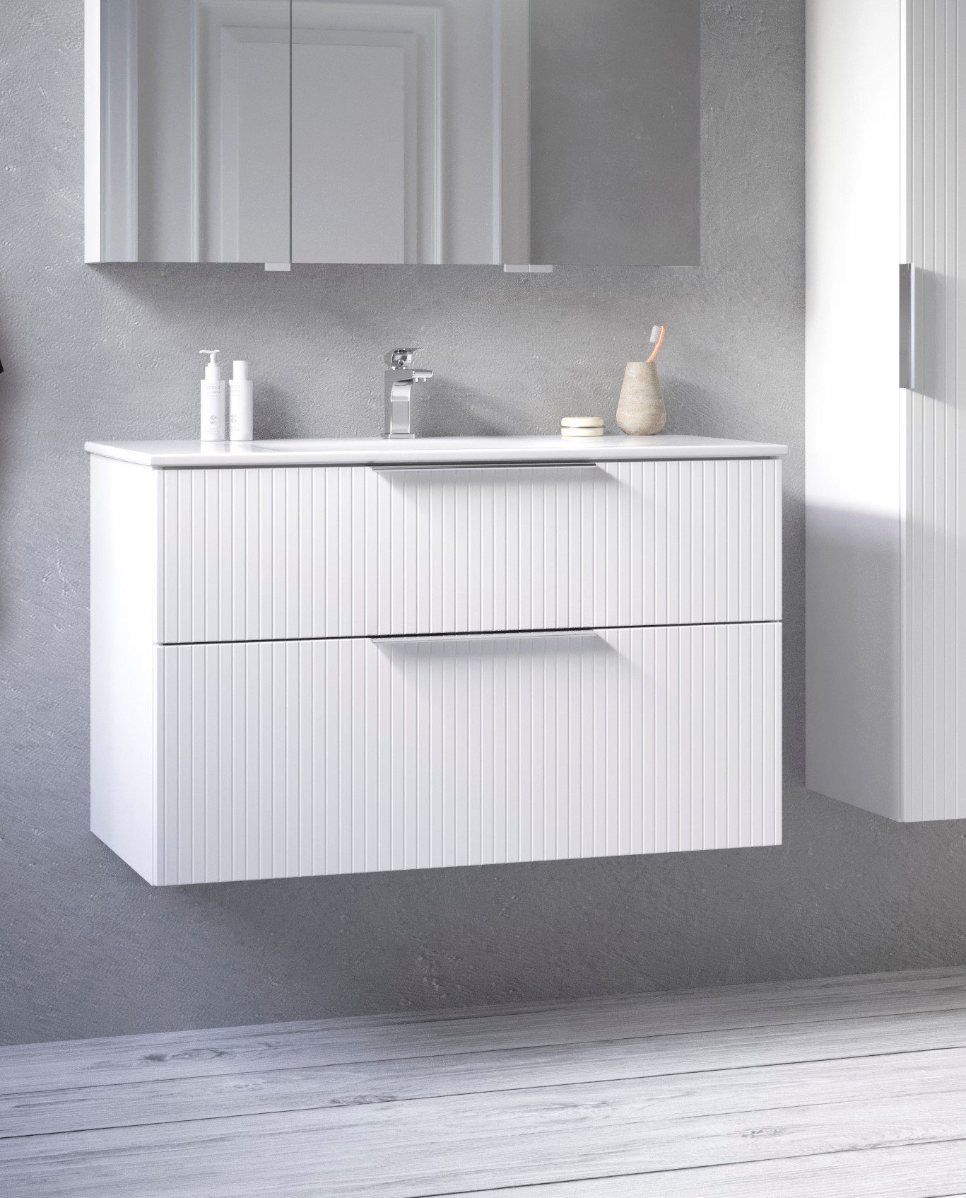 welltime Waschtisch G-Line, mit Keramik Waschbecken, Schubladen mit Softclose, trendig geriffelt