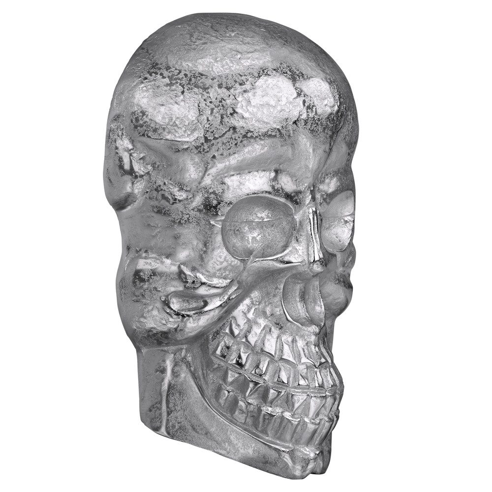 WOMO-DESIGN Skulptur Wandskulptur aus Aluminium mit Nickelbeschichtung Schädel Deko Statue, Totenkopf Gothic Totenschädel Glänzend Dekoaration Wohnaccessoire