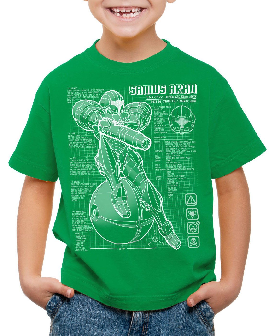 style3 Print-Shirt Kinder T-Shirt Samus Blaupause metroid nerd gamer nes snes switch grün