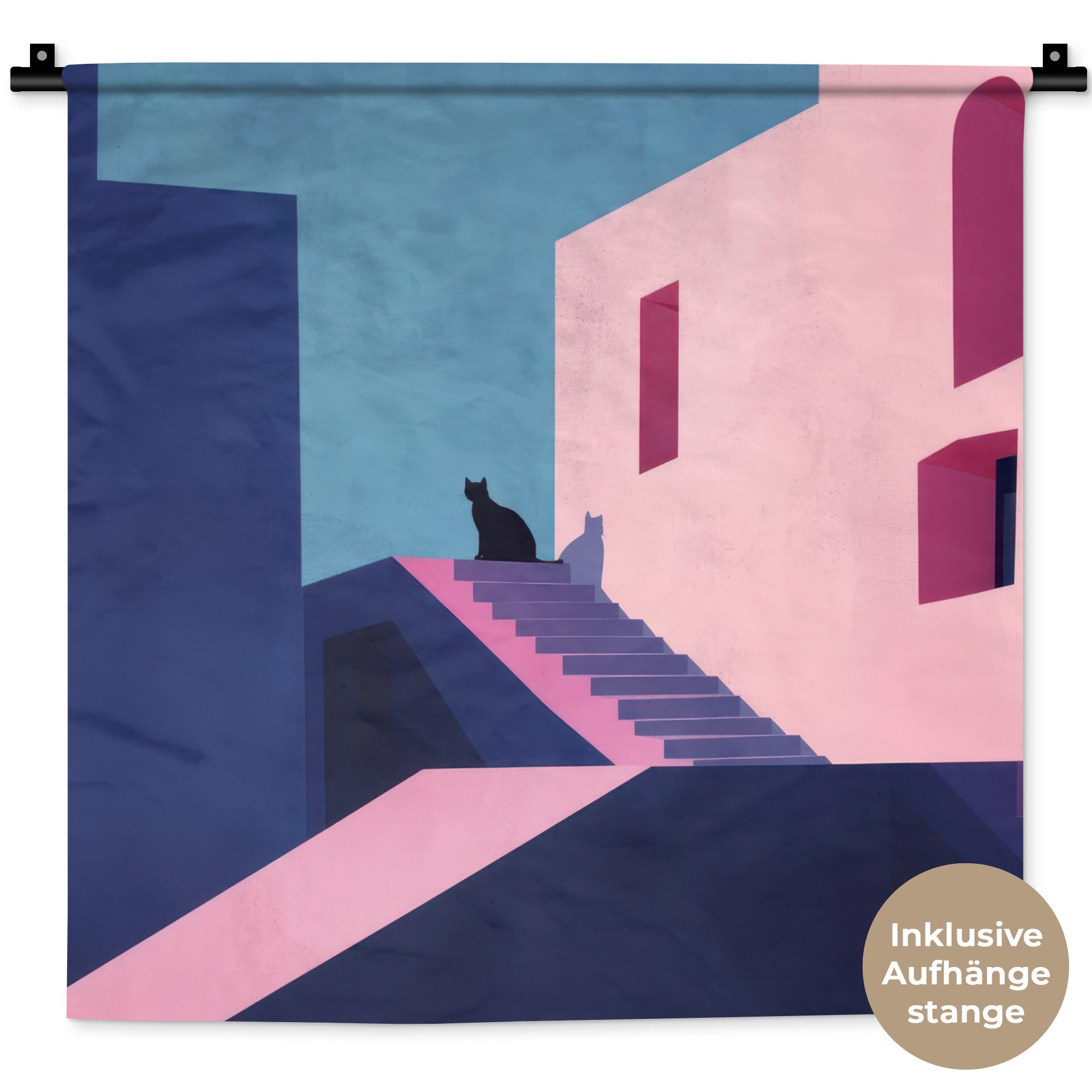 MuchoWow Wandteppich Katze - Treppe - Gebäude - Schattenkontraste, Quadratisch, Höhe: 3 mm, Wand Teppich, Deko für an den Wand, 60x60 cm