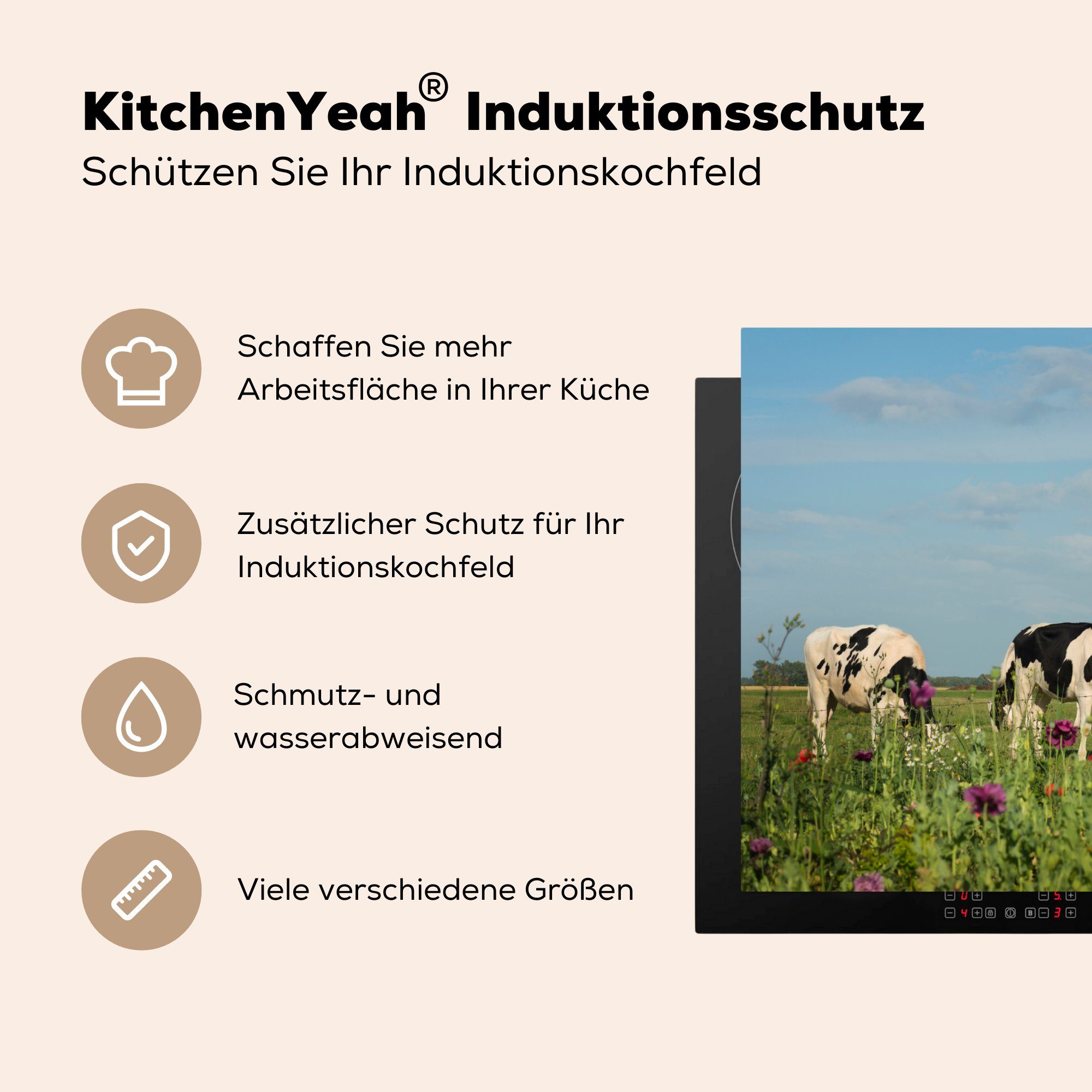 küche, Schutz Ceranfeldabdeckung Induktionskochfeld - - Blumen - Herdblende-/Abdeckplatte Vinyl, 71x52 tlg), MuchoWow cm, die Tiere, (1 Kuh für Gras