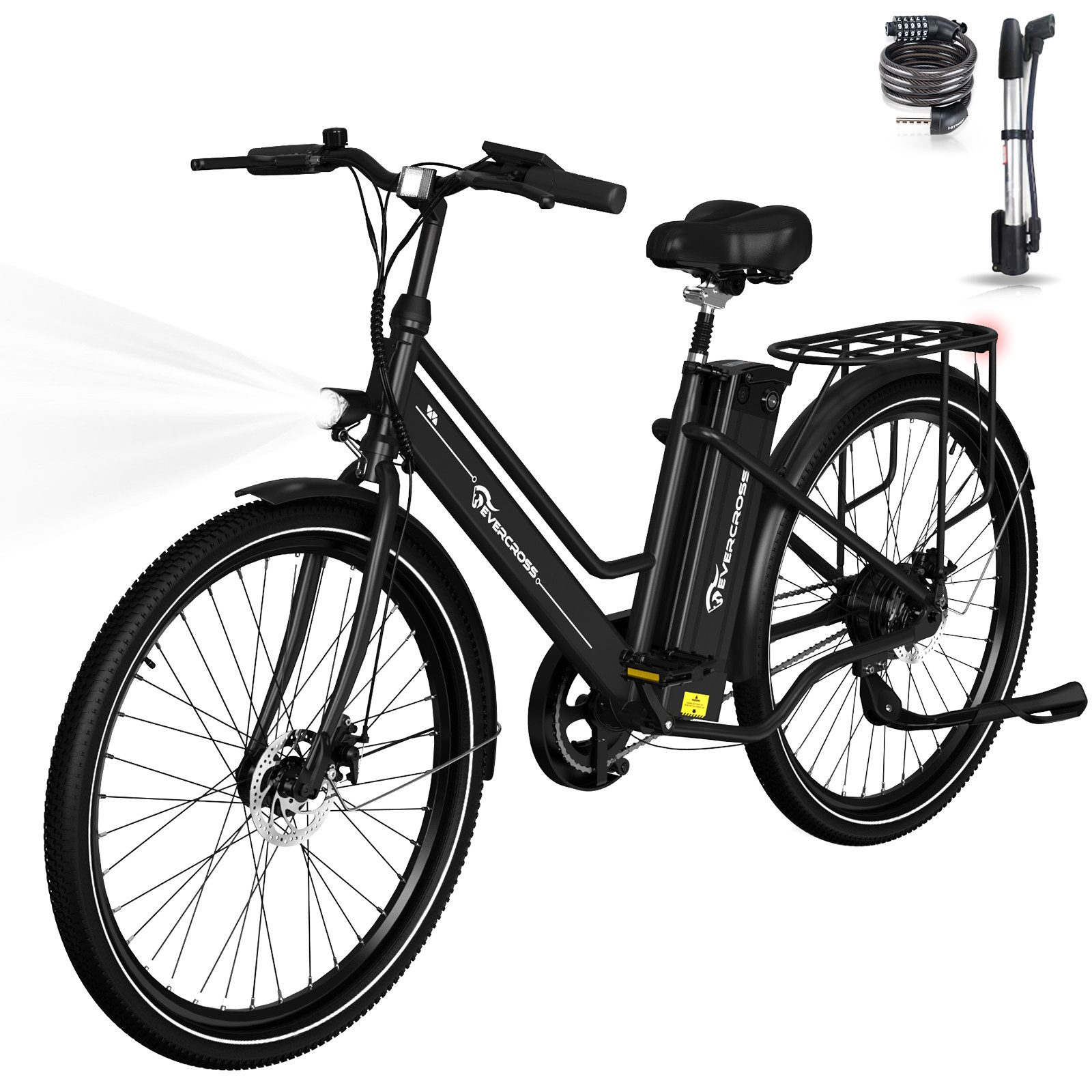 EVERCROSS TECH E-Bike Cityrad für Pendler,26-Zoll-Elektrofahrrad,36V 15,6AH Lithiumbatterie, Heckmotor, 561,6 Wh, 90Km, 1 Gang,E-Citybike mit Schloss, Pumpe