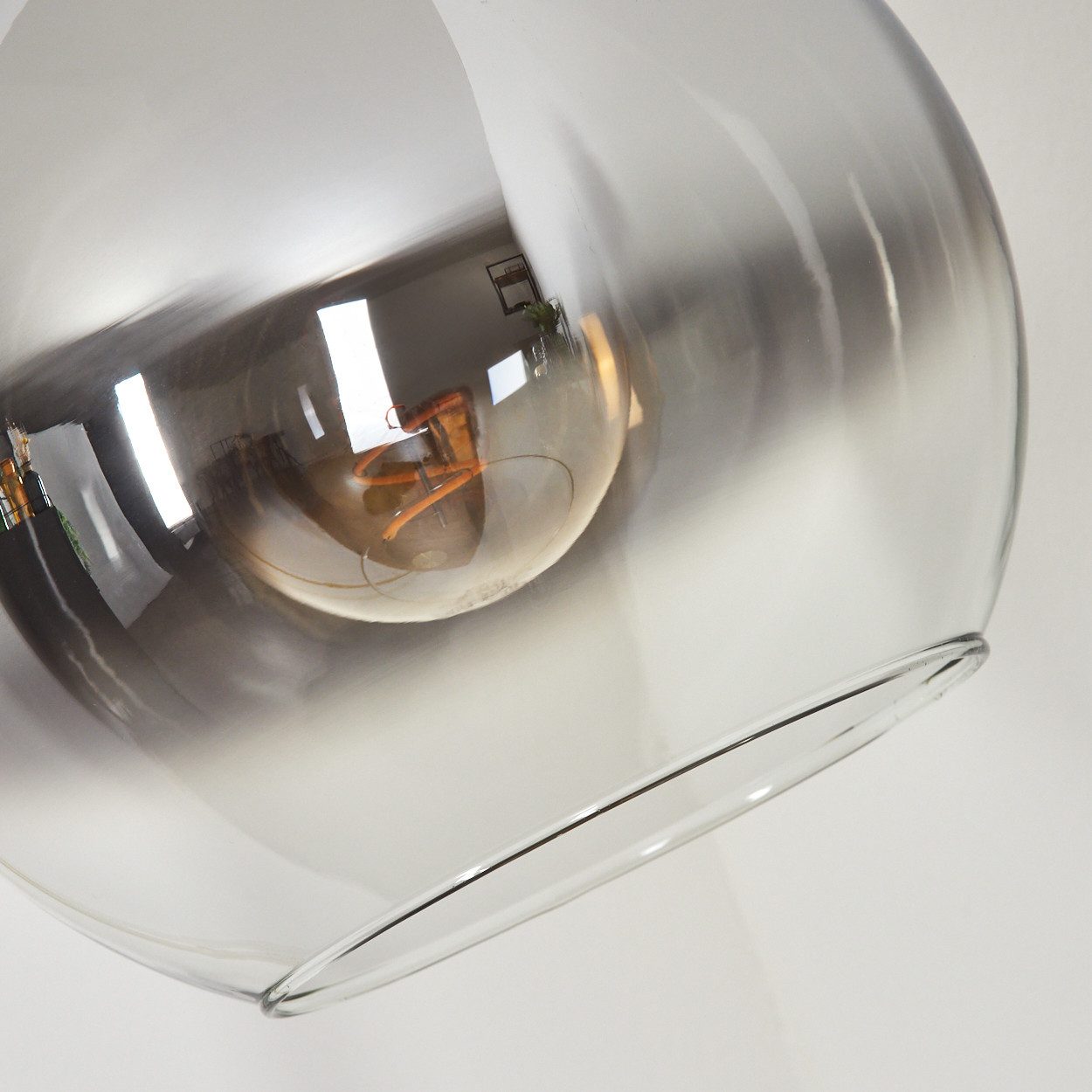 hofstein Bogenlampe Stehlampe aus Metall/Glas in Messing/Chrom/Rauch/Klar, ohne Leuchtmittel, Glasschirm (25cm) u. Fußschalter, 1x E27, ohne Leuchtmittel