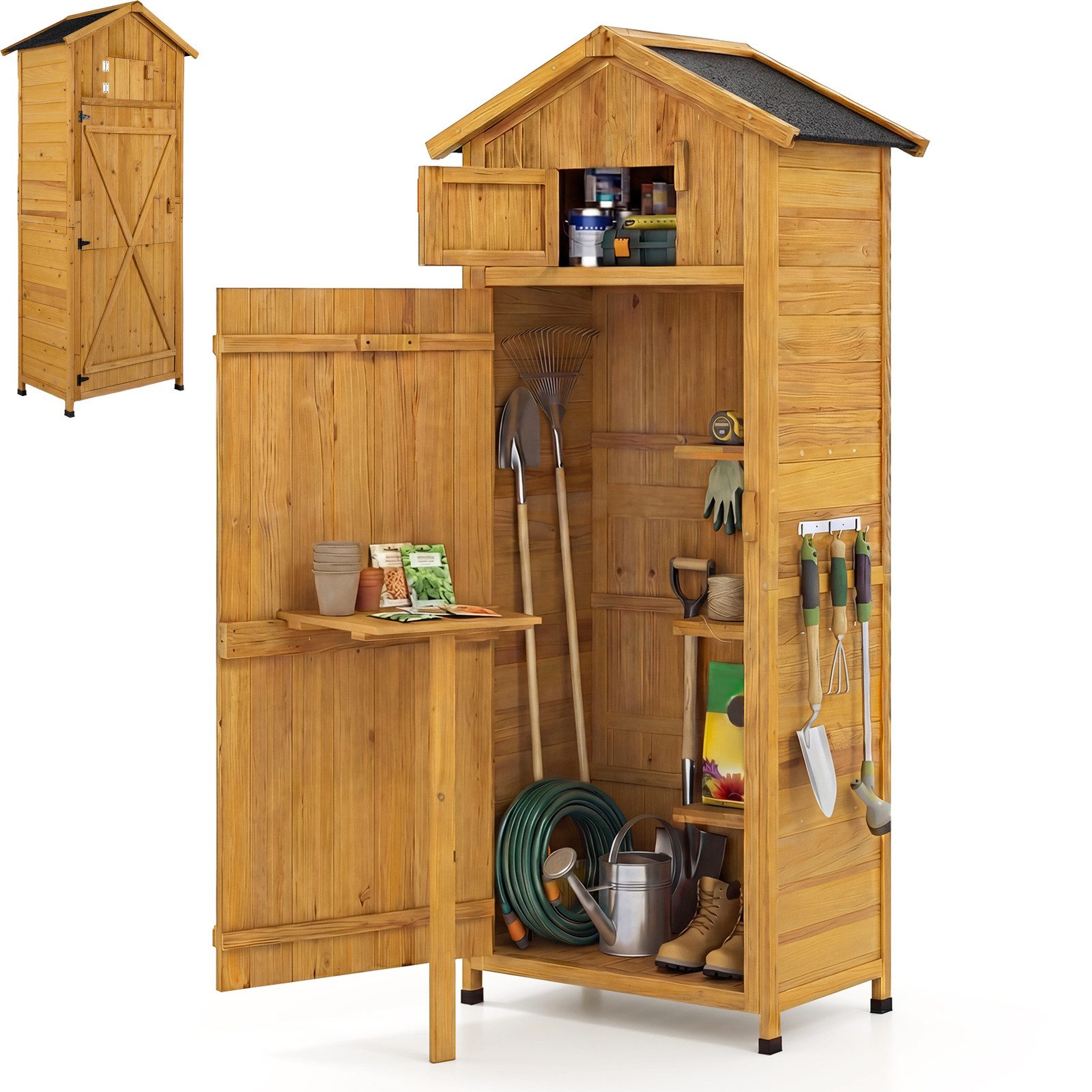 KOMFOTTEU Geräteschrank mit 3 abnehmbaren Regalen, klappbarem Tisch & 3 Haken