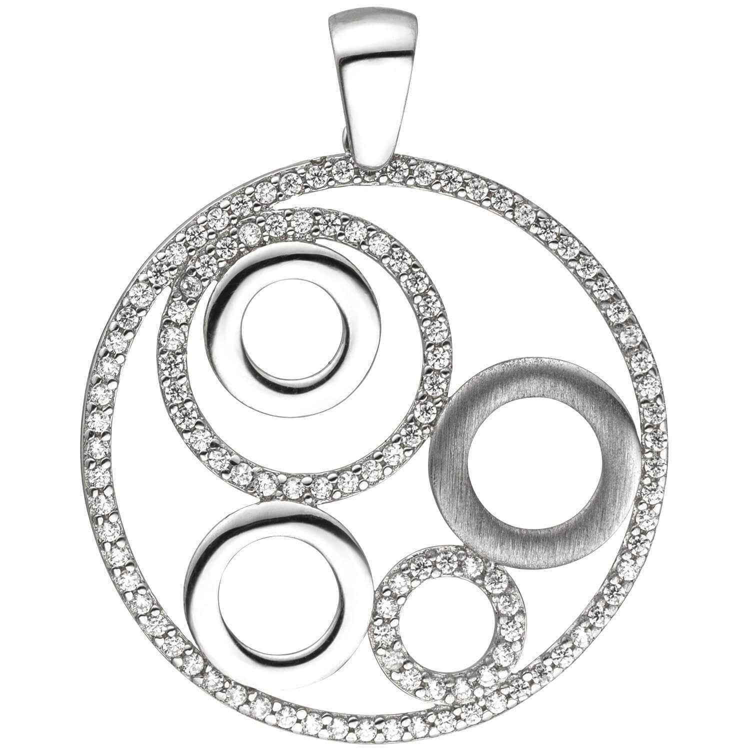 Schmuck Krone Kettenanhänger Anhänger Kreise im Kreis mit 111 Zirkonia weiß 925 Silber Ø 26,9mm Halsschmuck, Silber 925