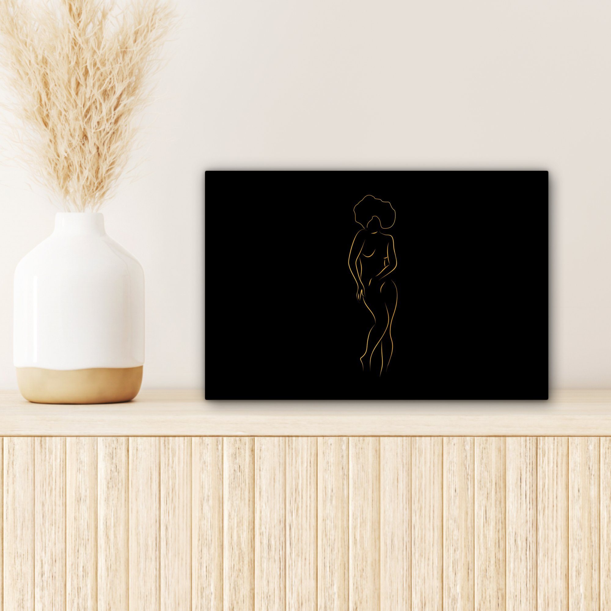 Aufhängefertig, 30x20 cm St), Leinwandbilder, - Wanddeko, - - Schwarz OneMillionCanvasses® (1 Strichzeichnung, Frau Leinwandbild Gold Wandbild