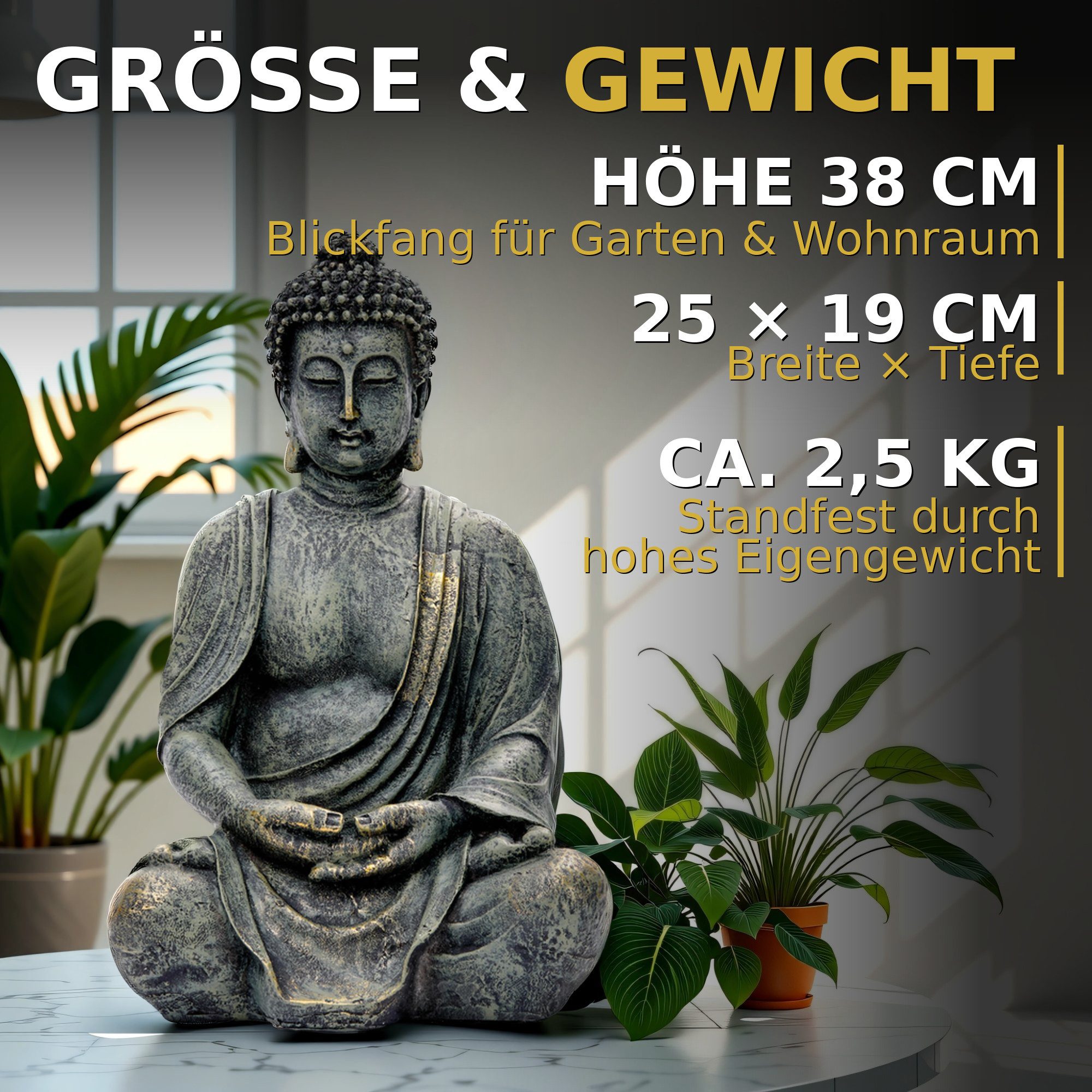 INtrenDU Gartenfigur Buddha Sitzend 38 cm, Wetterfeste Statue aus Polyresin