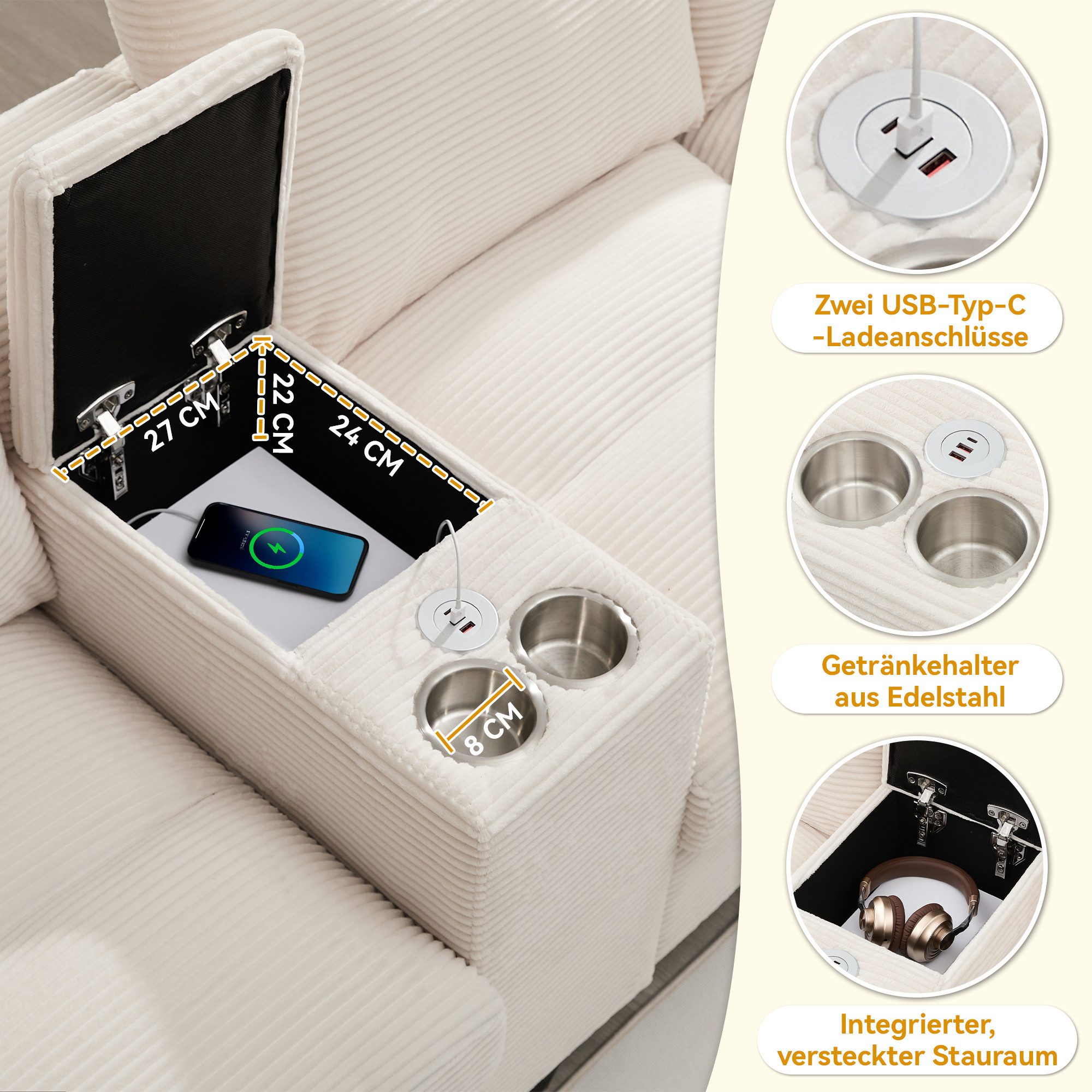 Merax 4-Sitzer U-förmiges-Sofa mit großem Stauraum & USB-Anschlüssen, 1 Teile, Sofa mit Edelstahl-Getränkehaltern, Kissen & extra breitem Cordstoff