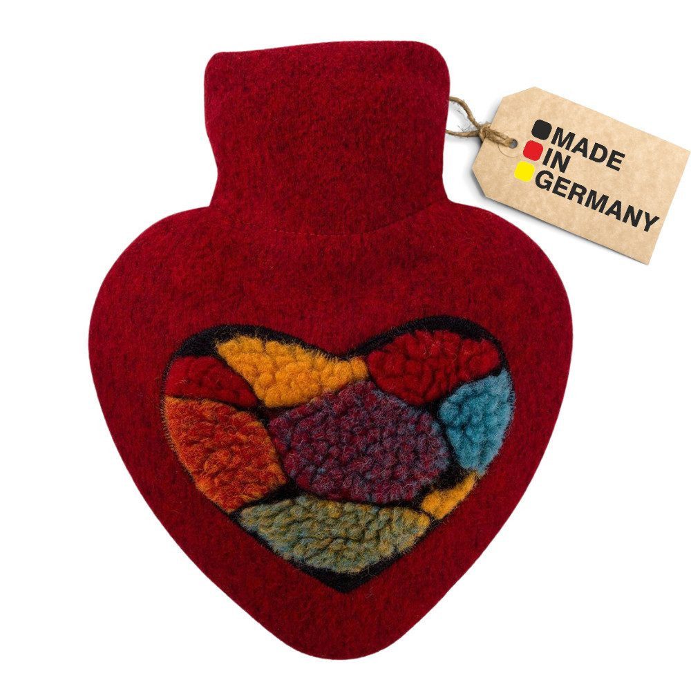 Hugo Frosch Wärmflasche Herz 1,0 l mit Bezug, Made in Germany - Fleece Pompon rot