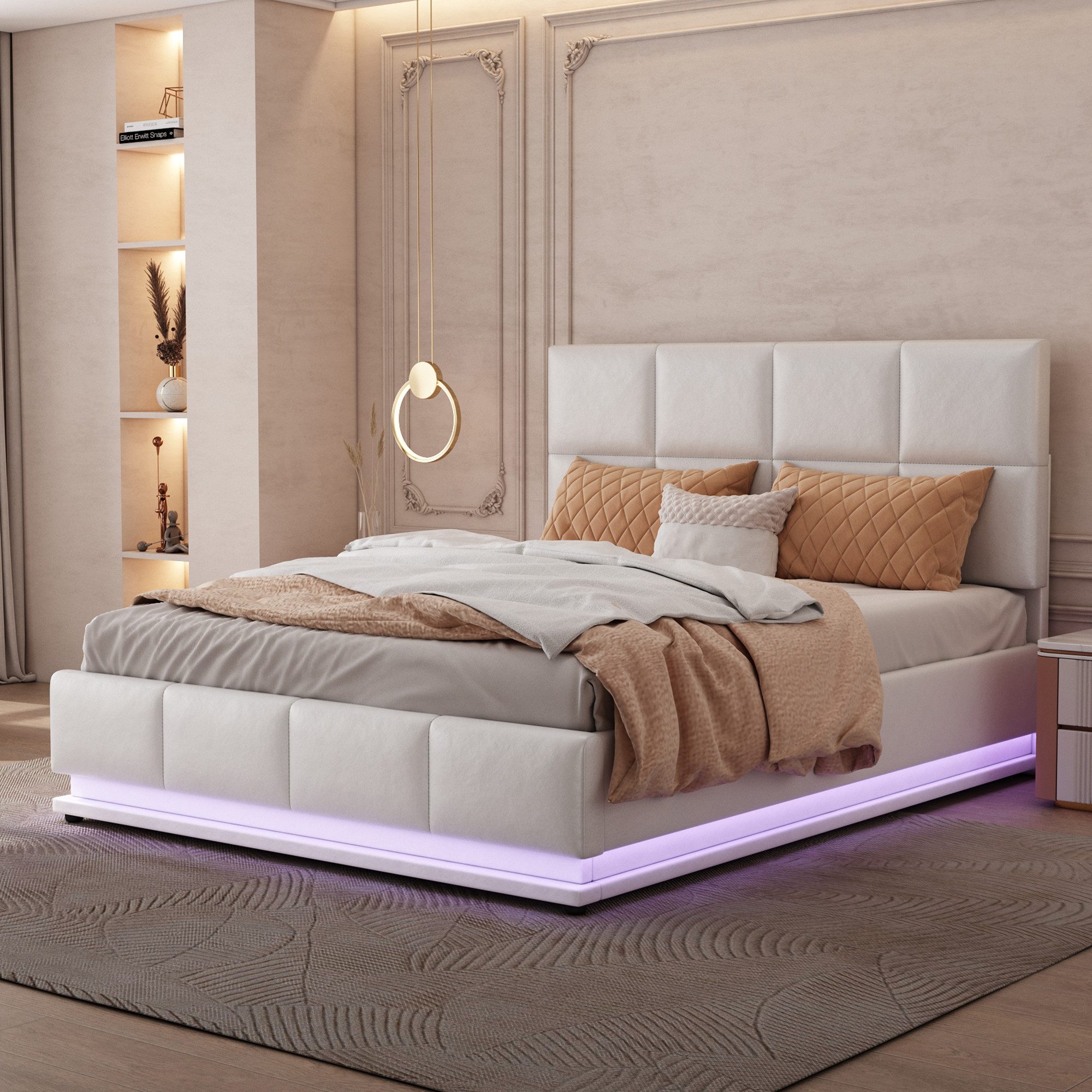 MODFU Bett mit LED & hydraulischem Stauraum (Stauraumbett mit Bettkasten & höhenverstellbares Kopfteil, 140x200cm), ohne Matratze