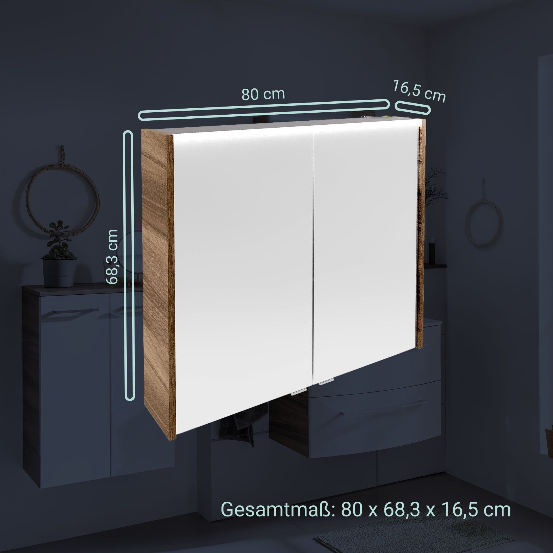 FACKELMANN Badezimmerspiegelschrank Verona Braun vormontiert, – hängend LED-Spiegelschrank