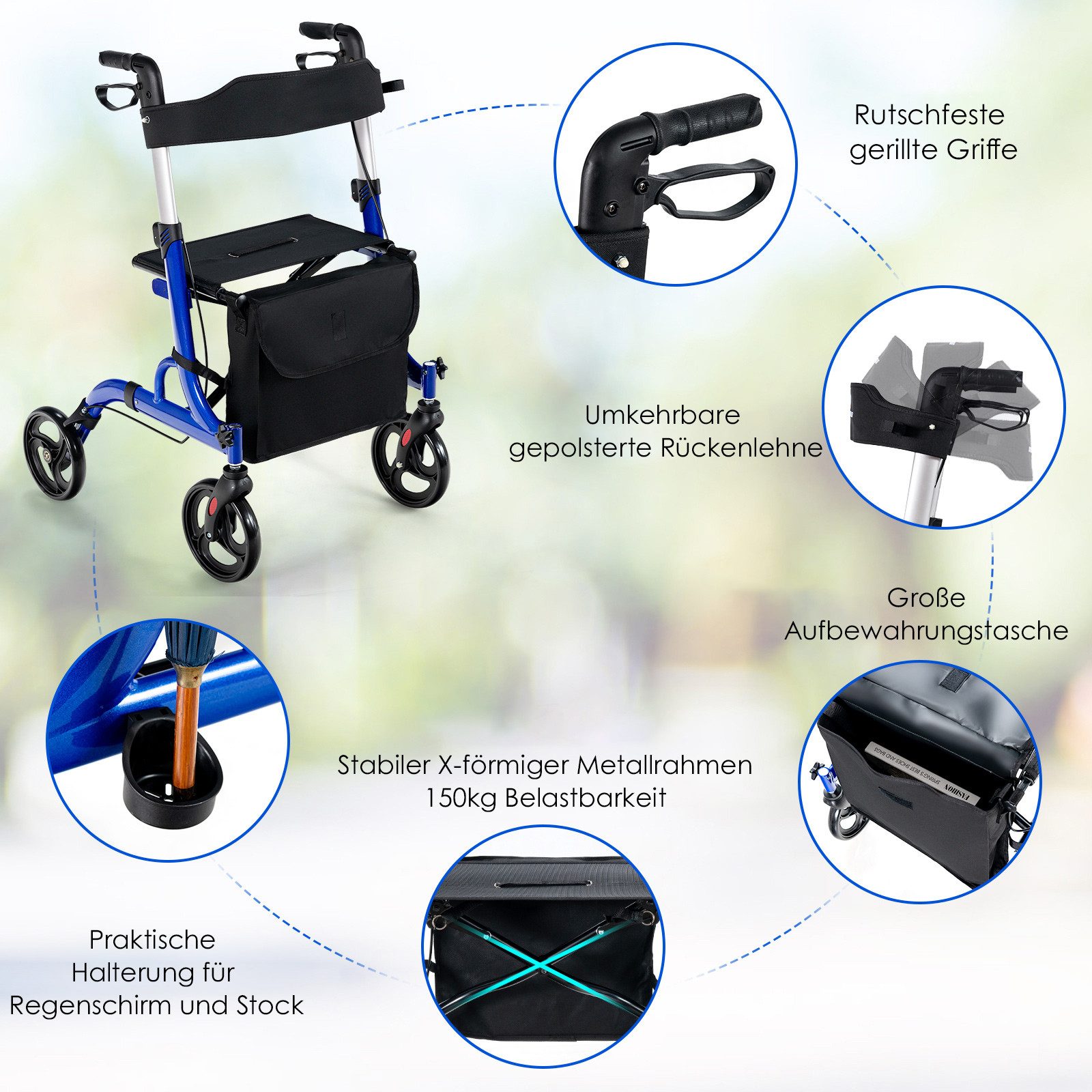 COSTWAY Rollator, mit Sitz & höhenverstellbaren Griffen, bis 150kg, faltbar