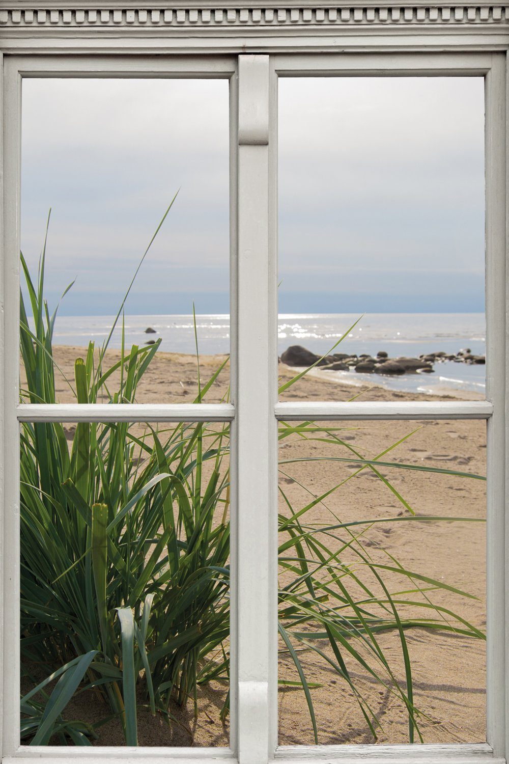 queence Leinwandbild Ausblick, Düne, Fensterblick, Gräser, Meer, Natur (1 St), Premium-Leinwandstoff