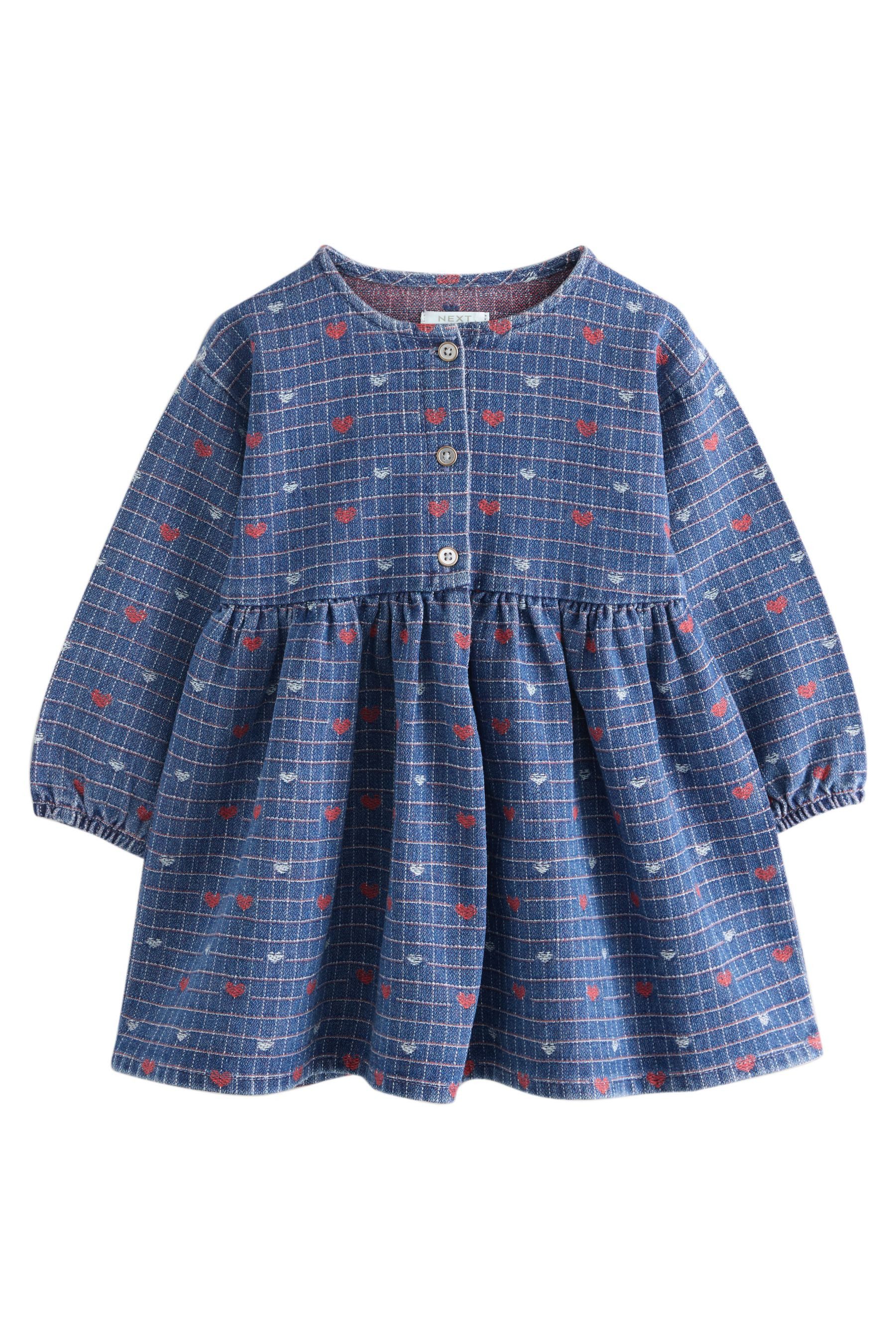 Next Jeanskleid Langärmeliges Denim-Kleid mit Jacquardherz (1-tlg)